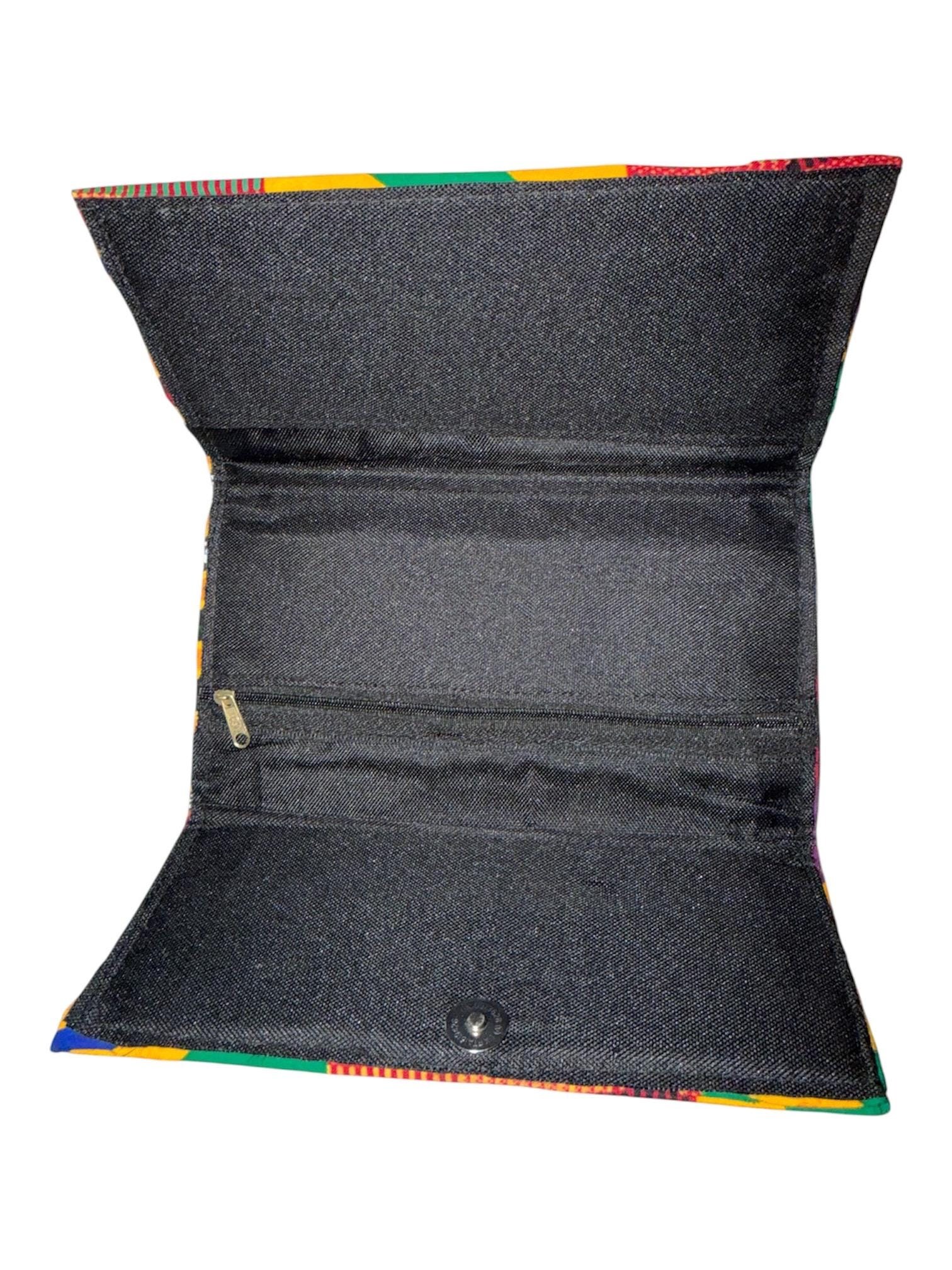 Handmade Kente Print Clutch Wallet, African Fabric Faux Leather Bag (9"W x 5"H), view 10