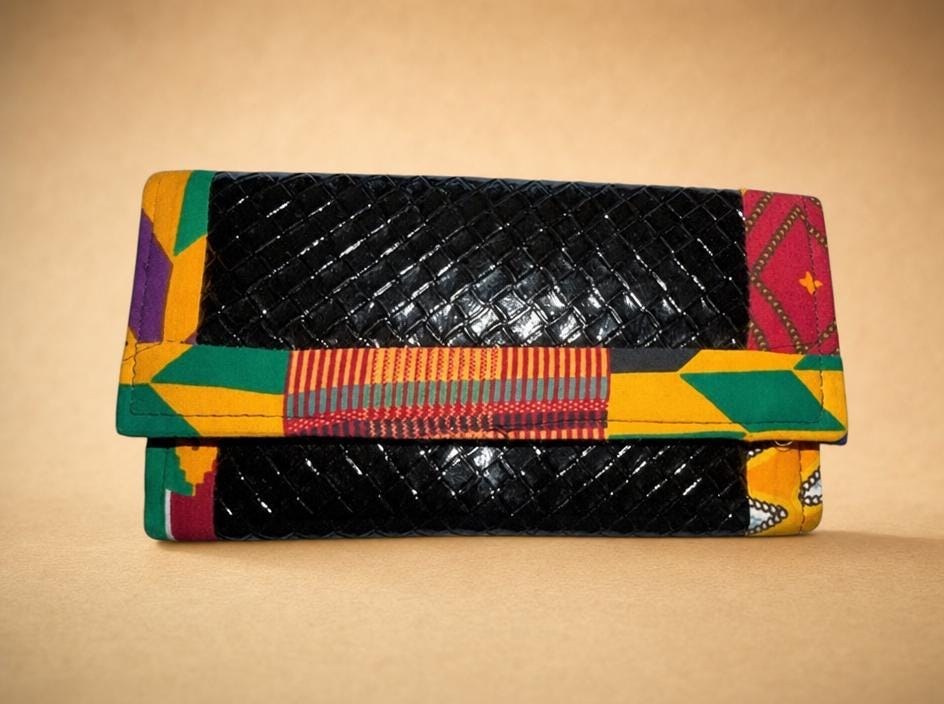 Handmade Kente Print Clutch Wallet, African Fabric Faux Leather Bag (9"W x 5"H), view 2
