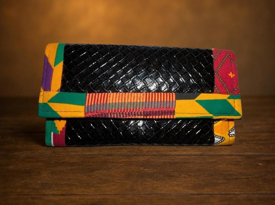 Handmade Kente Print Clutch Wallet, African Fabric Faux Leather Bag (9"W x 5"H), view 3