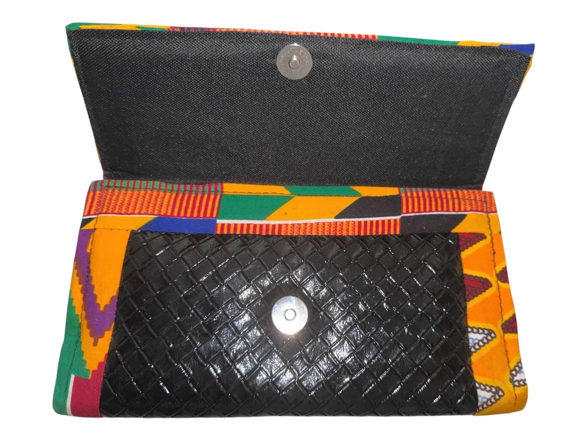 Handmade Kente Print Clutch Wallet, African Fabric Faux Leather Bag (9"W x 5"H), view 4