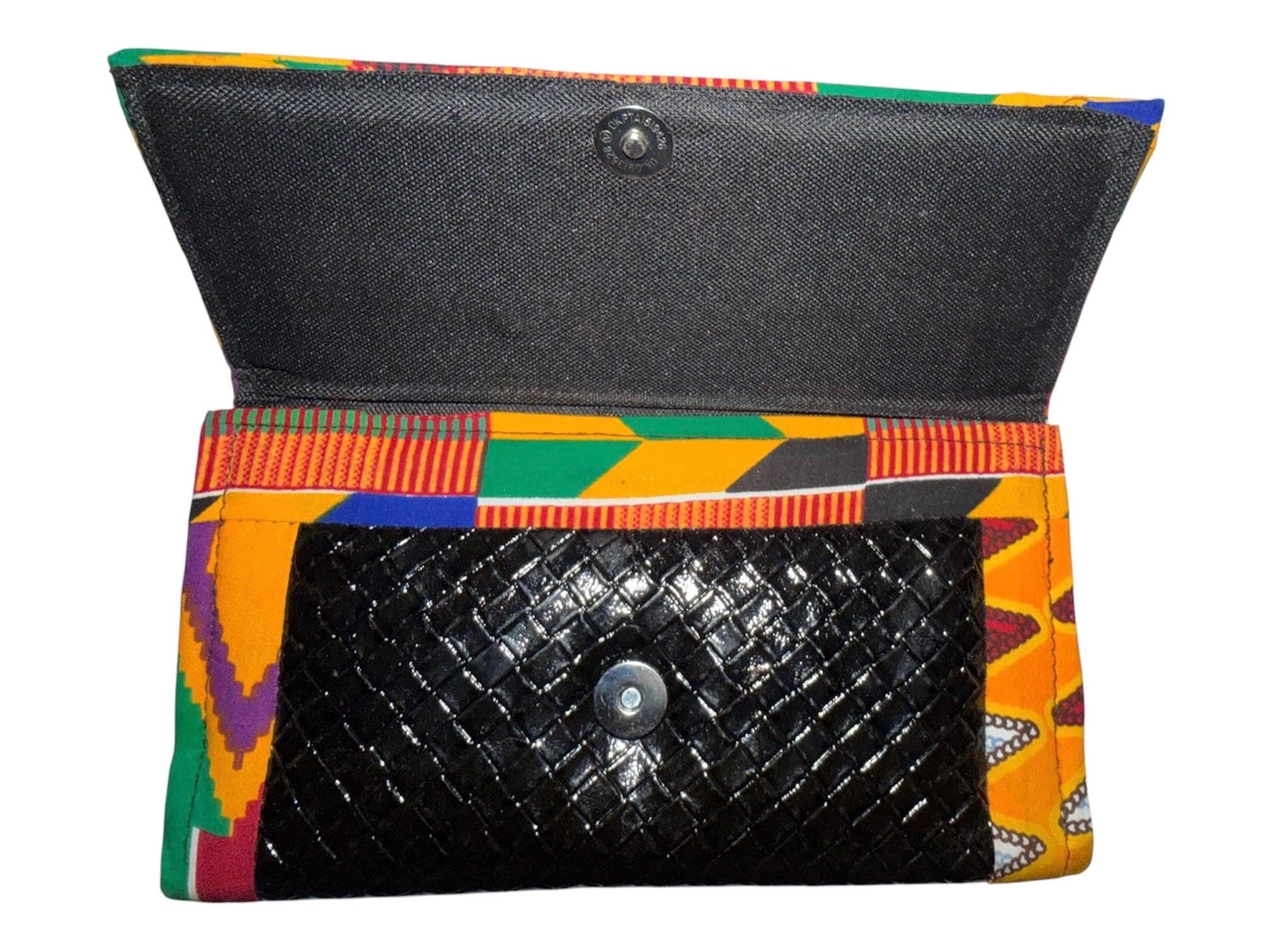 Handmade Kente Print Clutch Wallet, African Fabric Faux Leather Bag (9"W x 5"H), view 5
