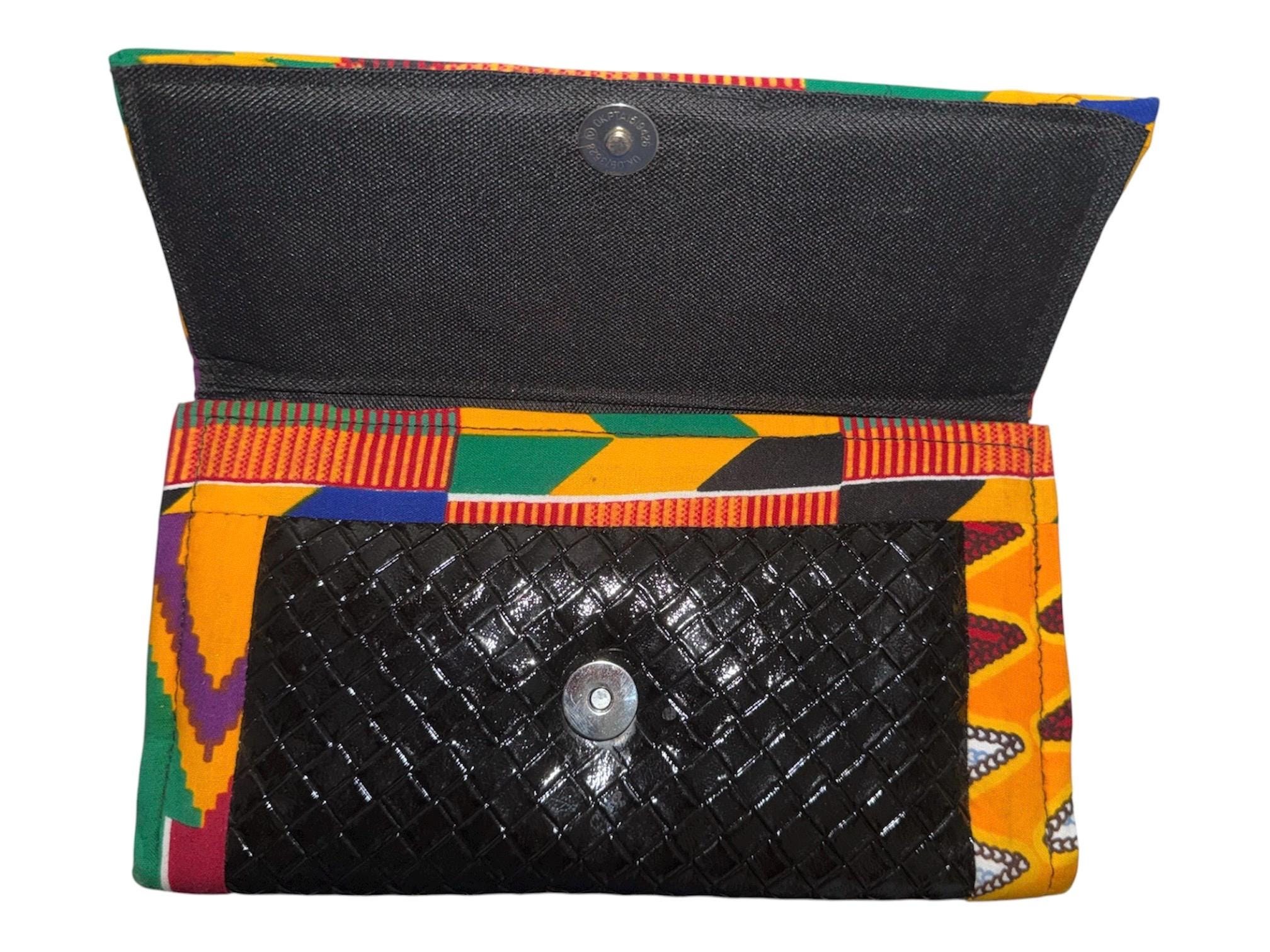 Handmade Kente Print Clutch Wallet, African Fabric Faux Leather Bag (9"W x 5"H), view 6