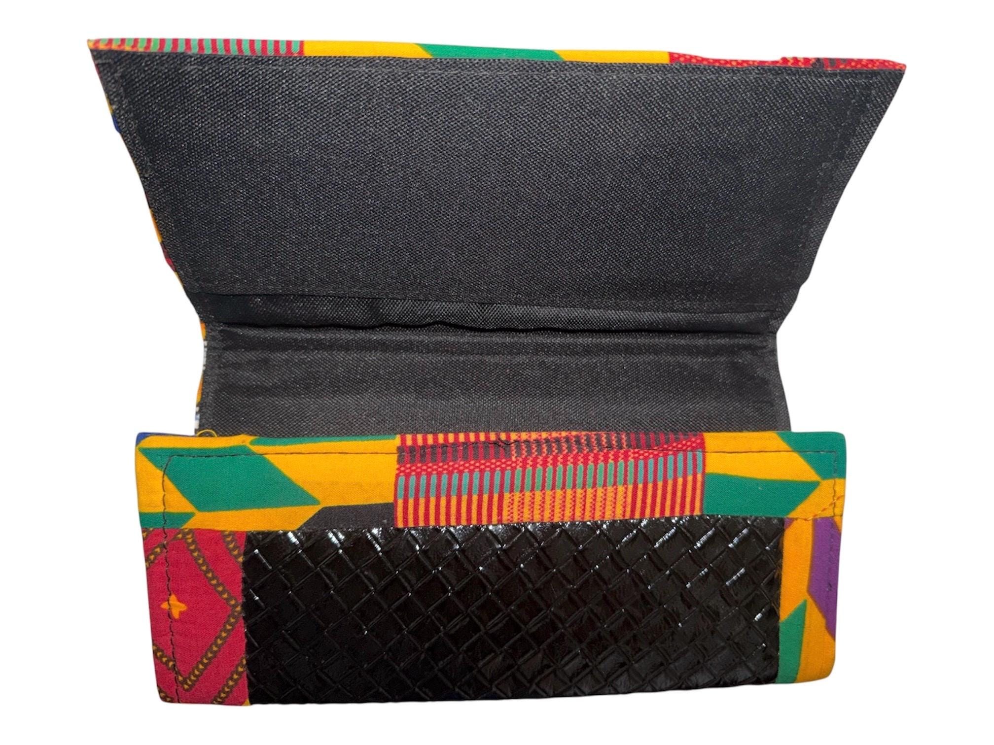 Handmade Kente Print Clutch Wallet, African Fabric Faux Leather Bag (9"W x 5"H), view 7