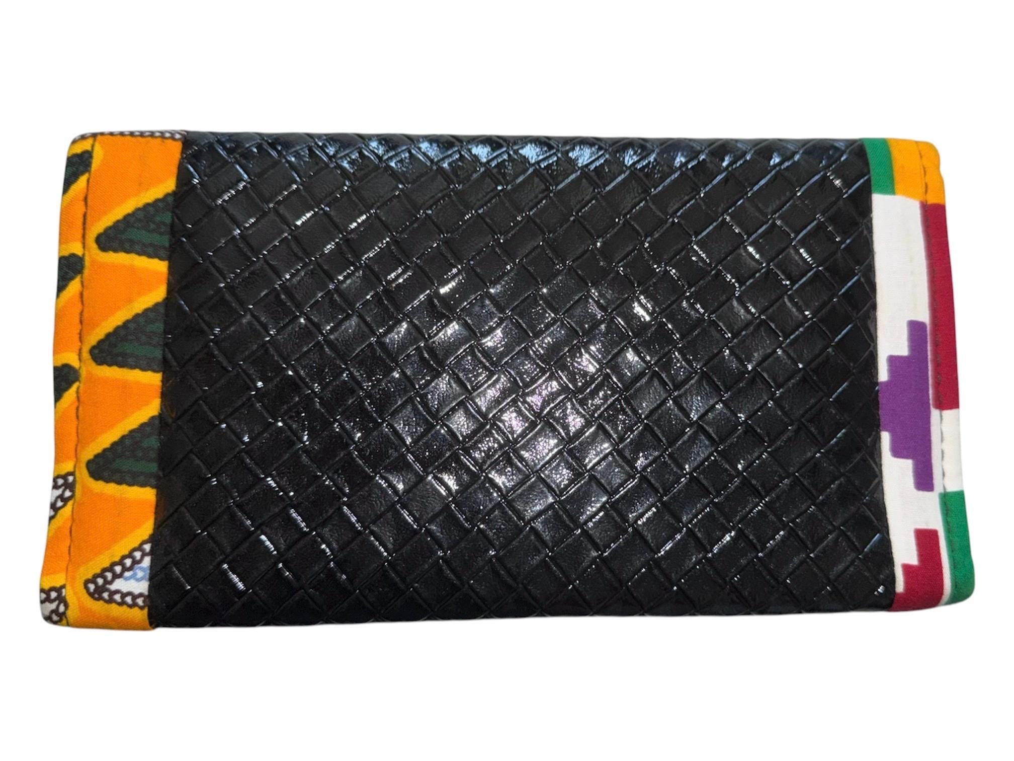 Handmade Kente Print Clutch Wallet, African Fabric Faux Leather Bag (9"W x 5"H), view 8