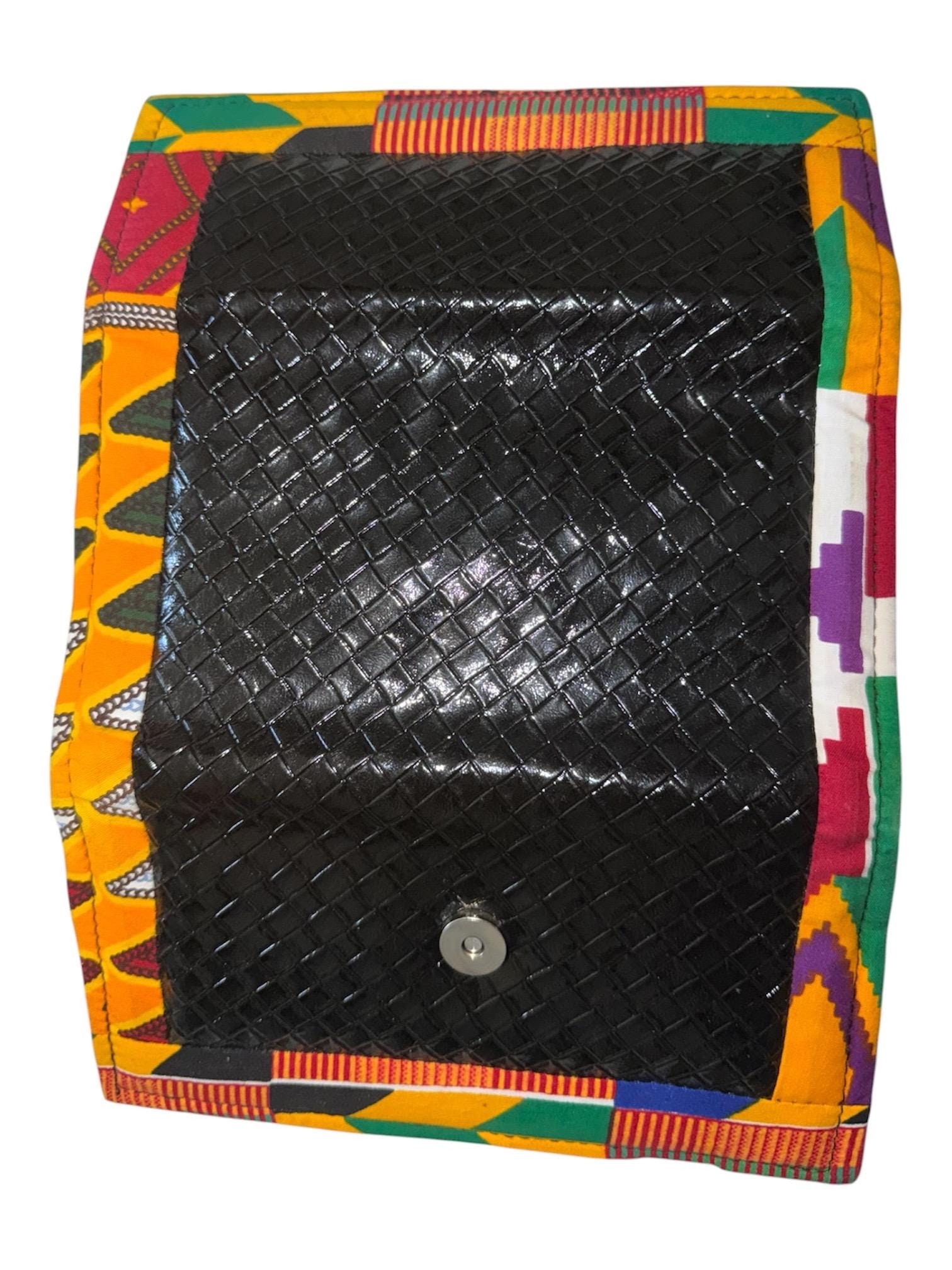 Handmade Kente Print Clutch Wallet, African Fabric Faux Leather Bag (9"W x 5"H), view 9
