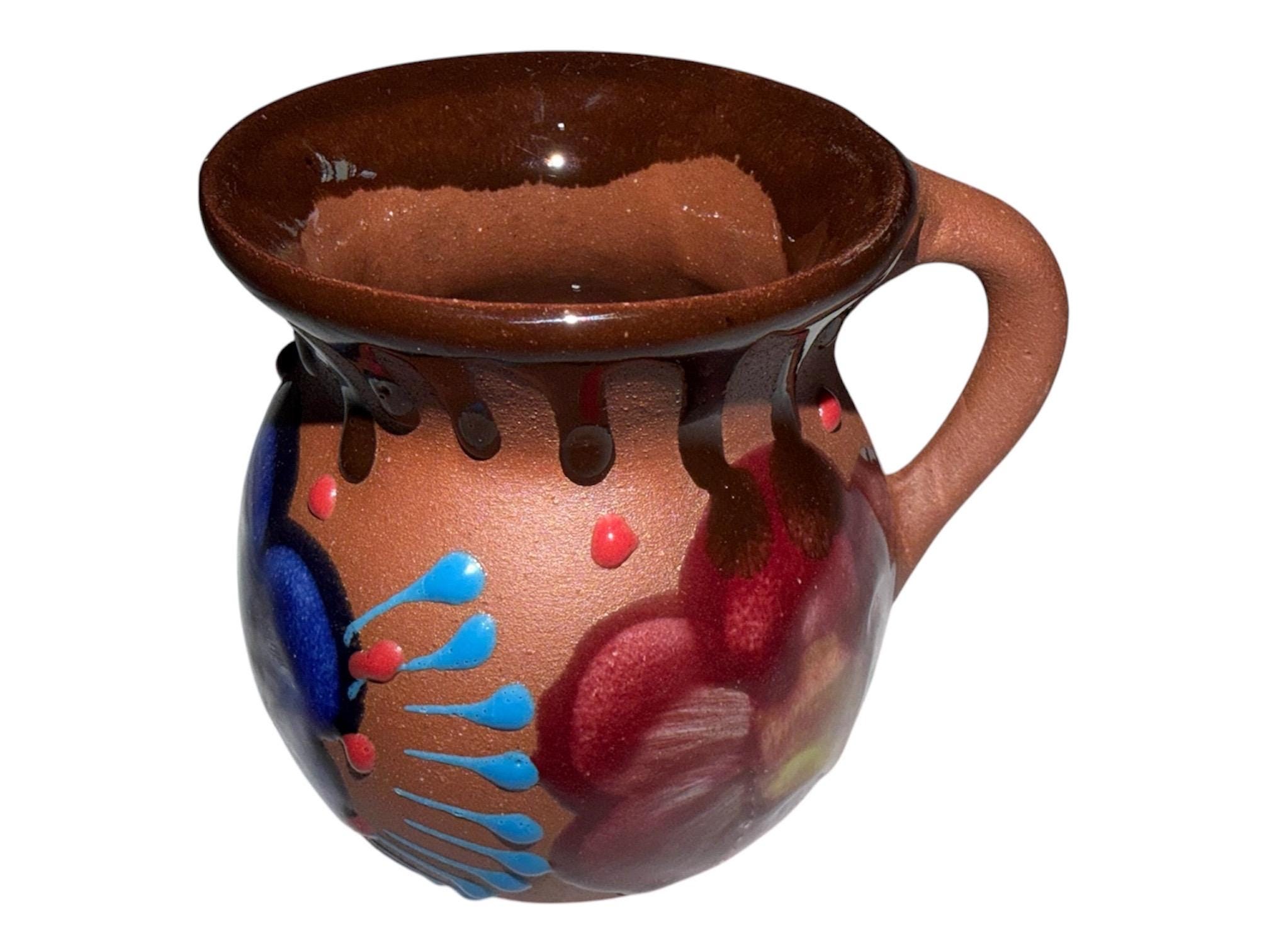 Hand-Painted Mexican Clay Mug, Rustic Barro Pottery Jarrito for Cafe de Olla