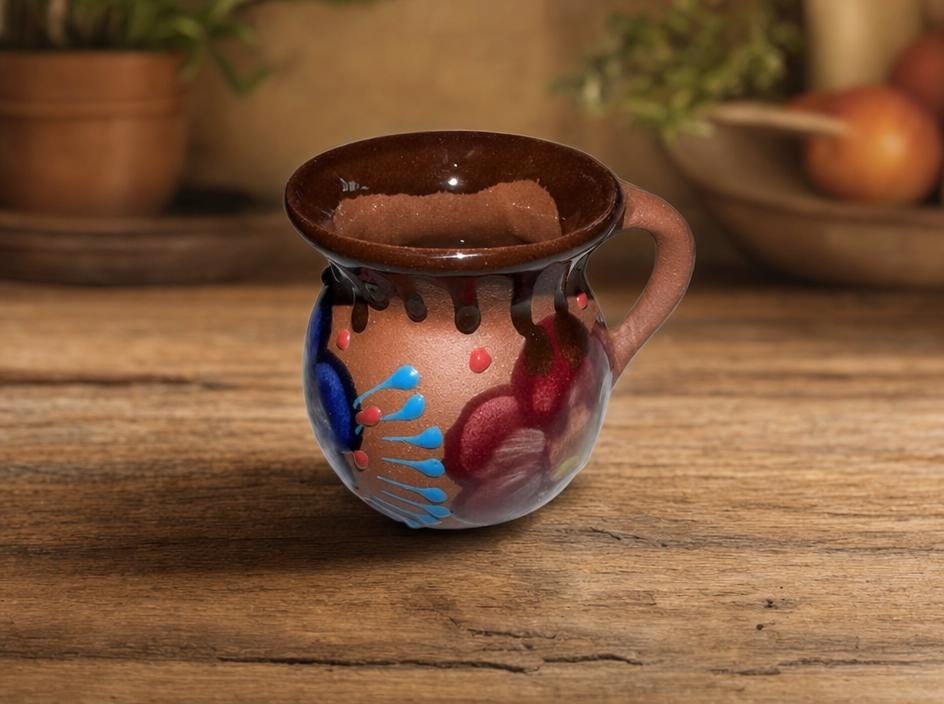 Hand-Painted Mexican Clay Mug, Rustic Barro Pottery Jarrito for Cafe de Olla, view 2
