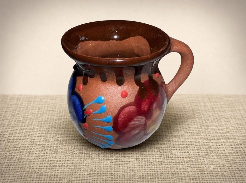 Hand-Painted Mexican Clay Mug, Rustic Barro Pottery Jarrito for Cafe de Olla, view 3