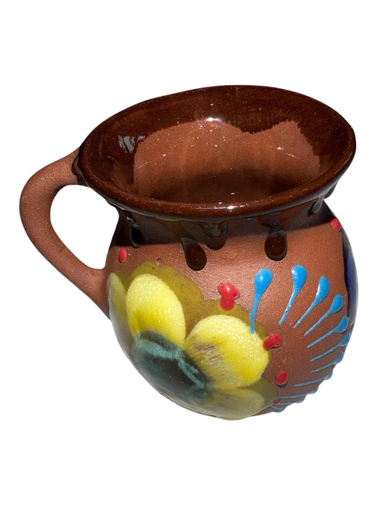 Hand-Painted Mexican Clay Mug, Rustic Barro Pottery Jarrito for Cafe de Olla, view 6