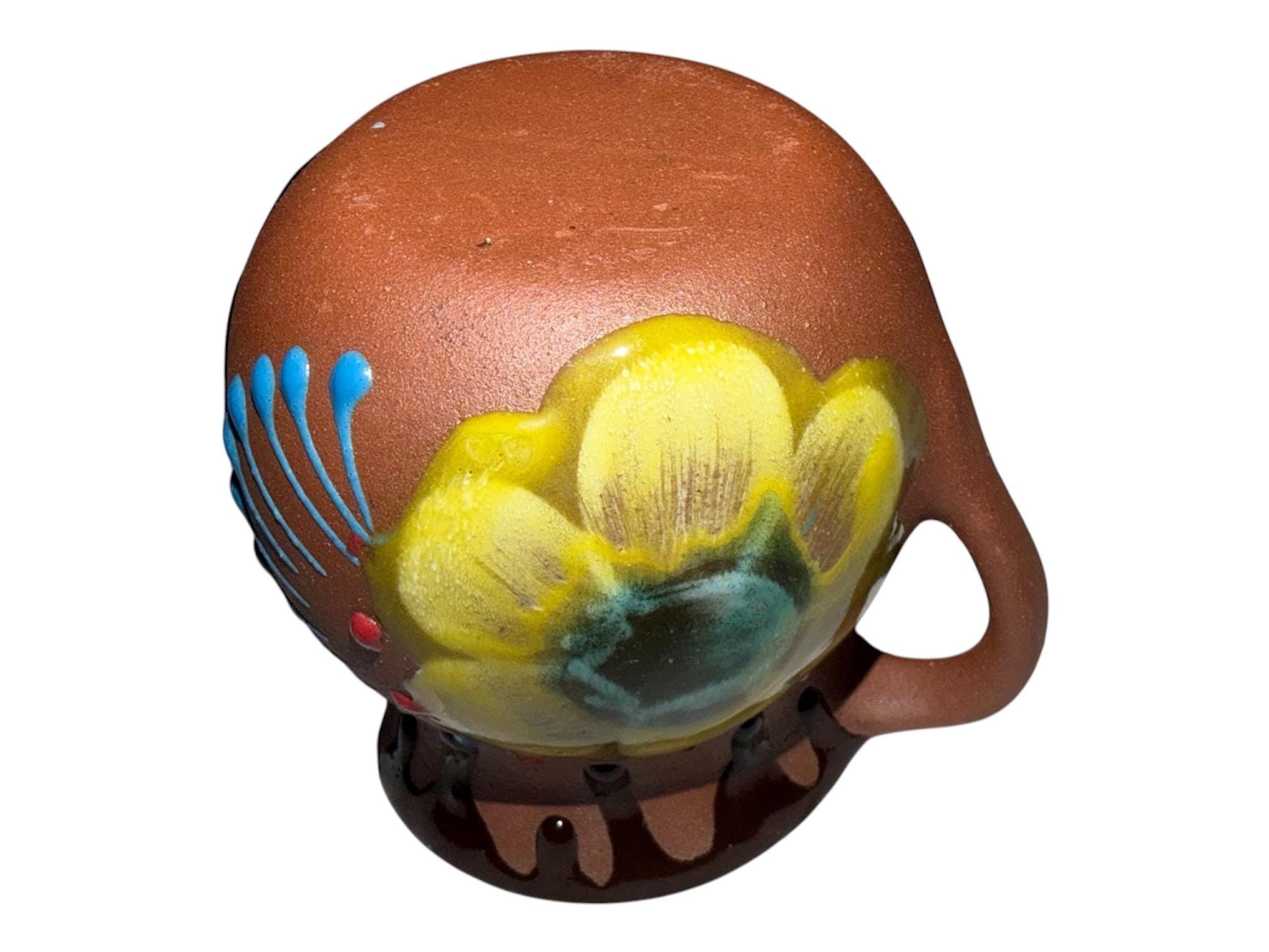 Hand-Painted Mexican Clay Mug, Rustic Barro Pottery Jarrito for Cafe de Olla, view 9