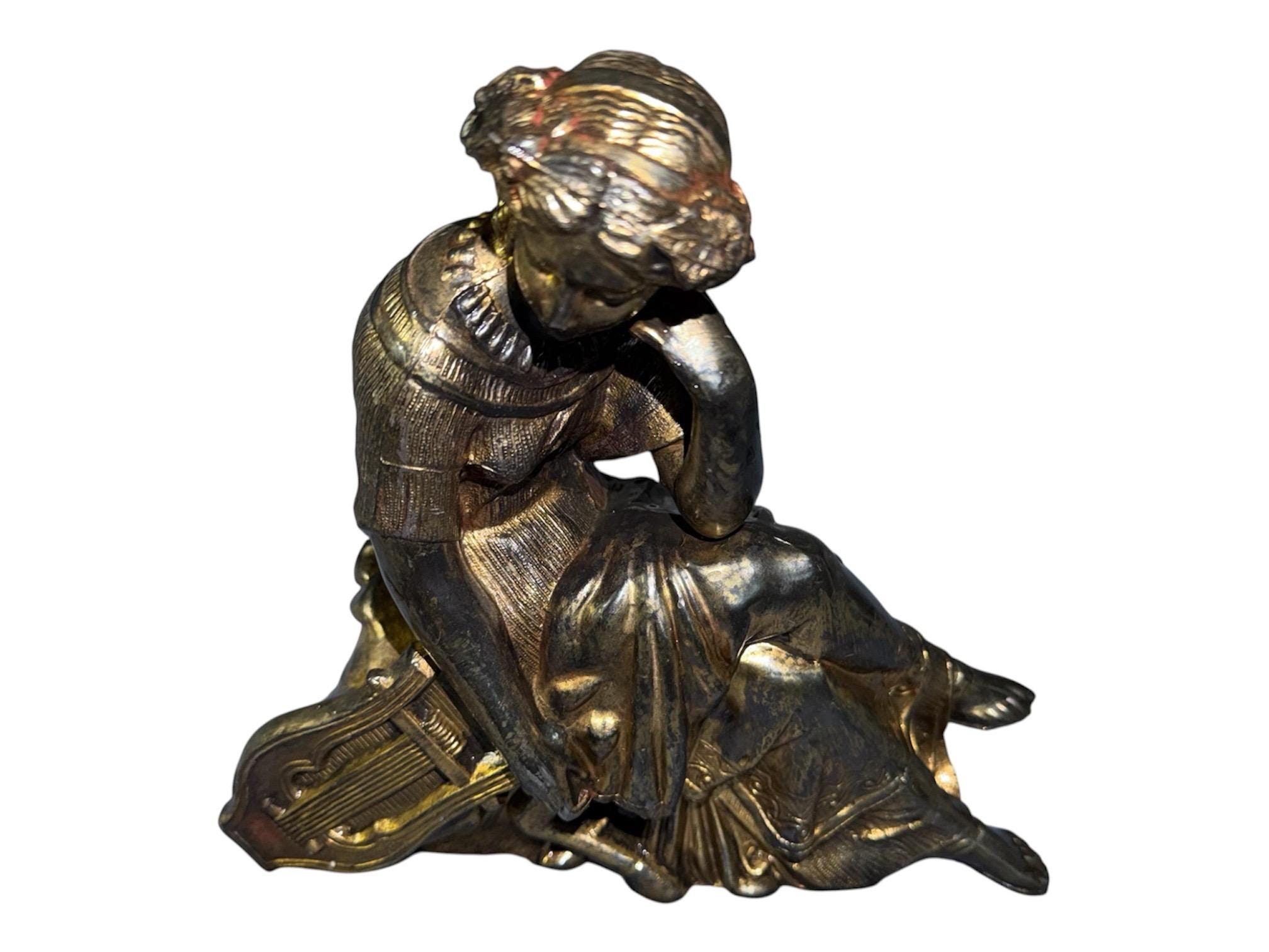 Antique Victorian Spelter Statue, Woman Playing Harp Figurine, 19th Century Musical Sculpture Home Decor