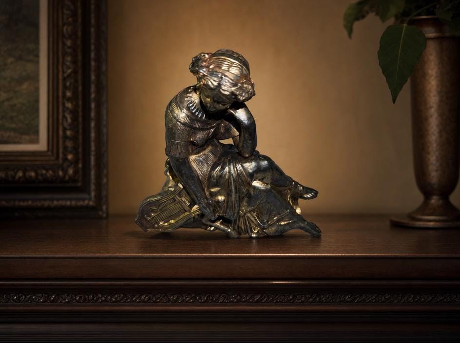 Antique Victorian Spelter Statue, Woman Playing Harp Figurine, 19th Century Musical Sculpture Home Decor, view 2