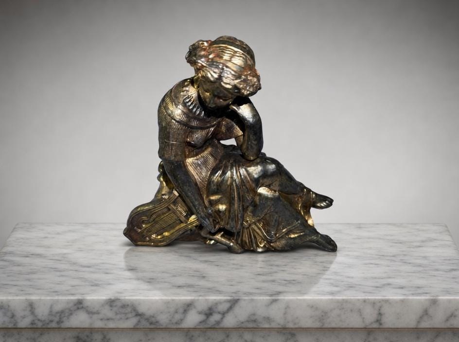 Antique Victorian Spelter Statue, Woman Playing Harp Figurine, 19th Century Musical Sculpture Home Decor, view 3