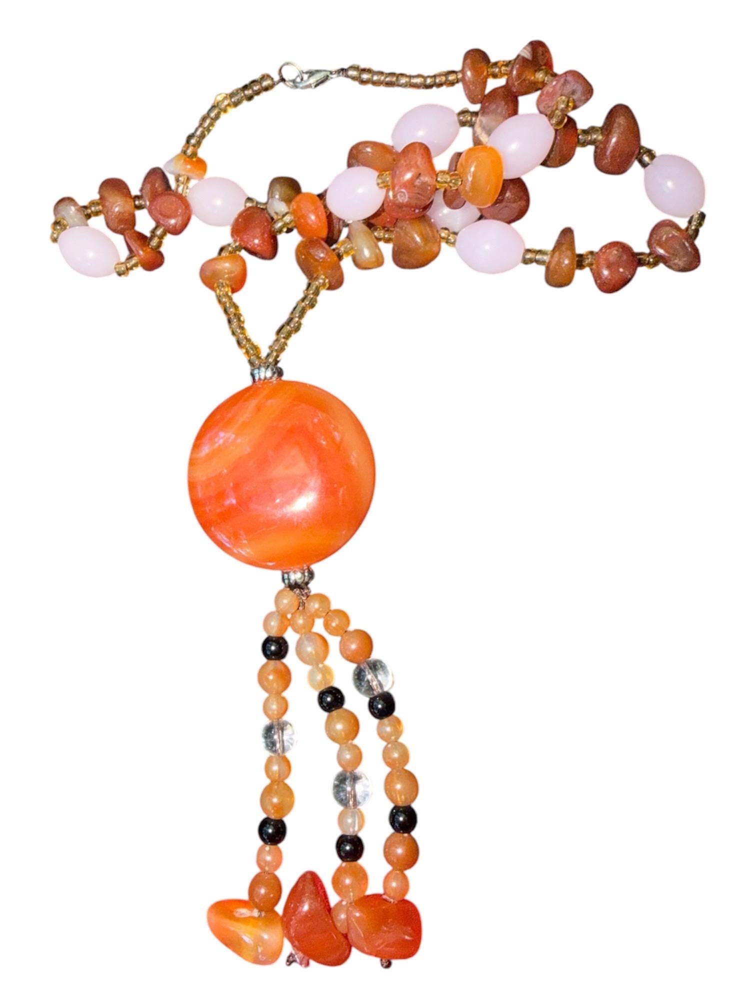 Handmade Carnelian Agate Tassel Pendant Necklace, Boho Southwestern Beaded Jewelry