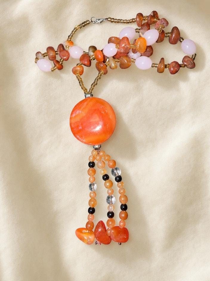 Handmade Carnelian Agate Tassel Pendant Necklace, Boho Southwestern Beaded Jewelry, view 2