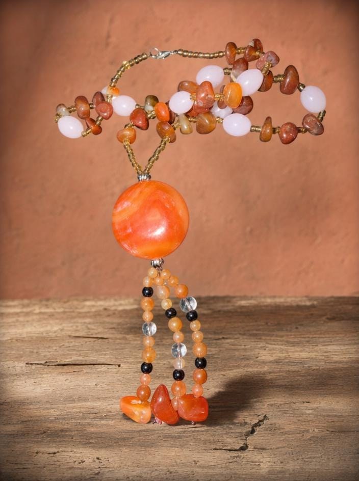 Handmade Carnelian Agate Tassel Pendant Necklace, Boho Southwestern Beaded Jewelry, view 3