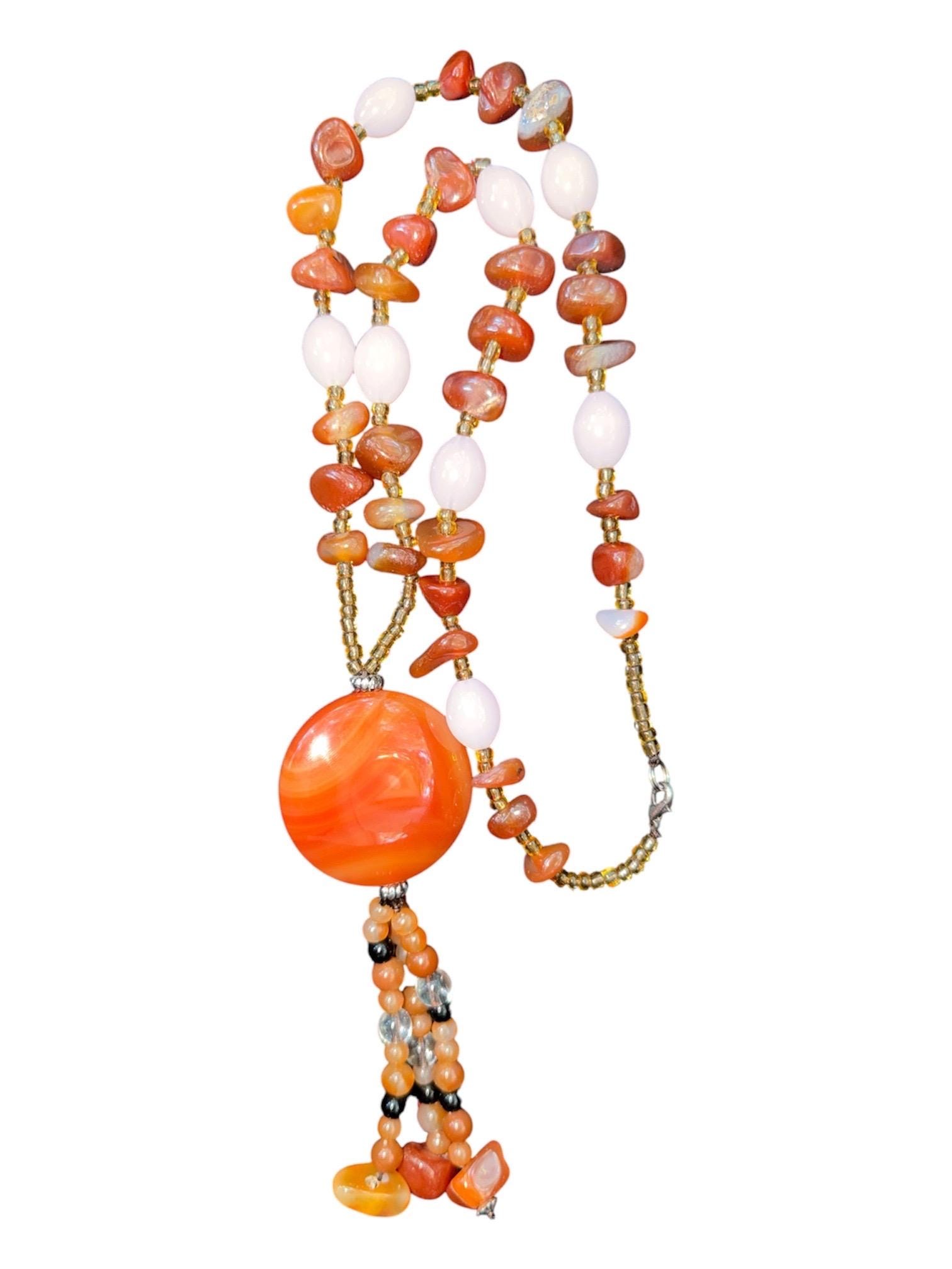 Handmade Carnelian Agate Tassel Pendant Necklace, Boho Southwestern Beaded Jewelry, view 4