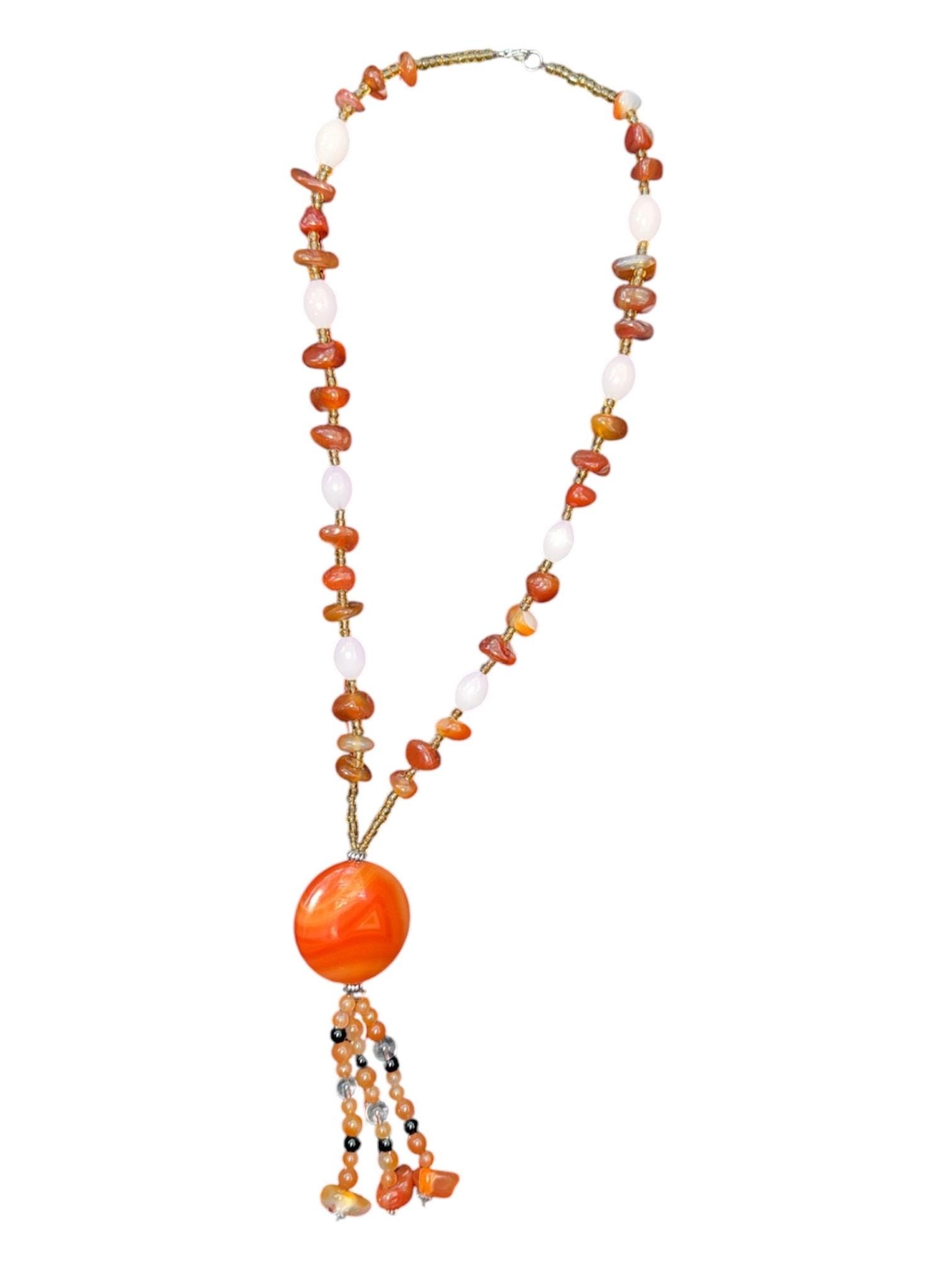 Handmade Carnelian Agate Tassel Pendant Necklace, Boho Southwestern Beaded Jewelry, view 5