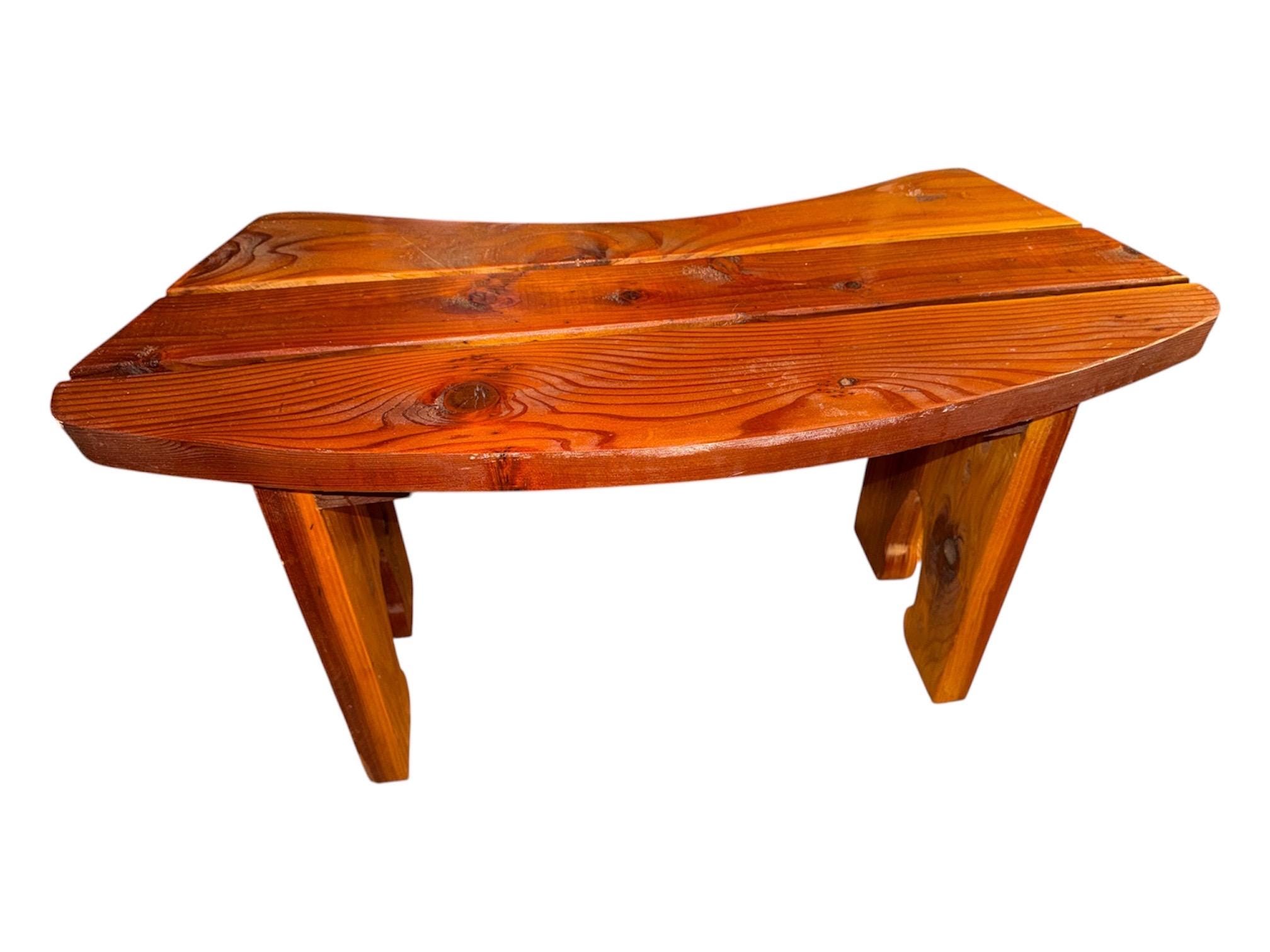 Handcrafted Mid-Century Modern Wood Bench, Curved Slat Top, Sculptural Legs (33x12x17.5)