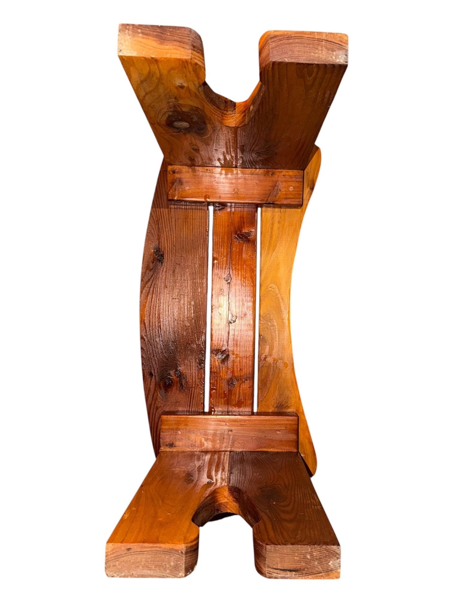 Handcrafted Mid-Century Modern Wood Bench, Curved Slat Top, Sculptural Legs (33x12x17.5), view 10