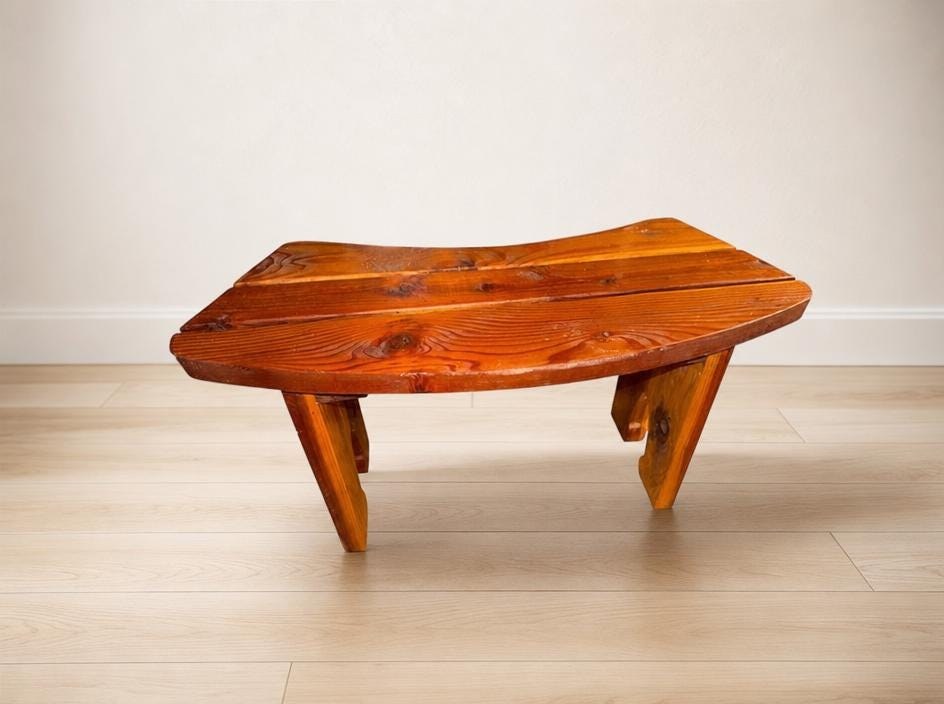 Handcrafted Mid-Century Modern Wood Bench, Curved Slat Top, Sculptural Legs (33x12x17.5), view 2