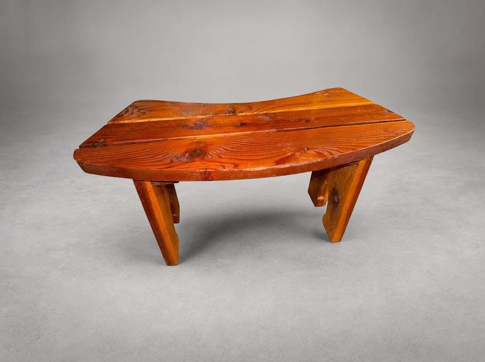 Handcrafted Mid-Century Modern Wood Bench, Curved Slat Top, Sculptural Legs (33x12x17.5), view 3