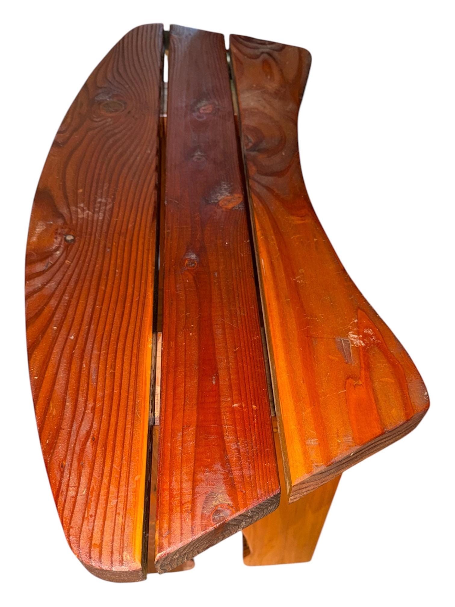 Handcrafted Mid-Century Modern Wood Bench, Curved Slat Top, Sculptural Legs (33x12x17.5), view 5
