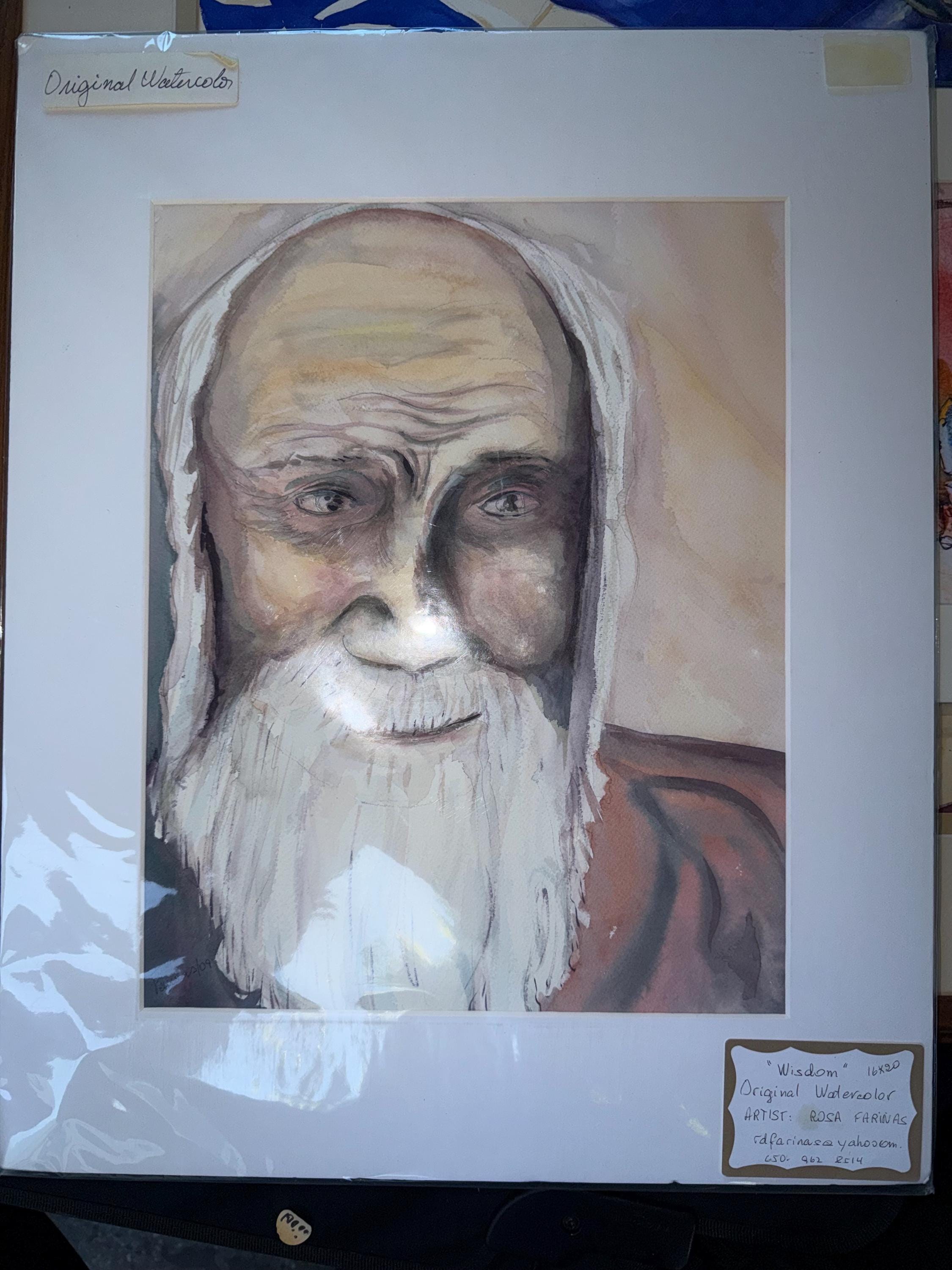 Original Watercolor Painting 'Wisdom' by Rosa Farinas, Signed Fine Art on Paper