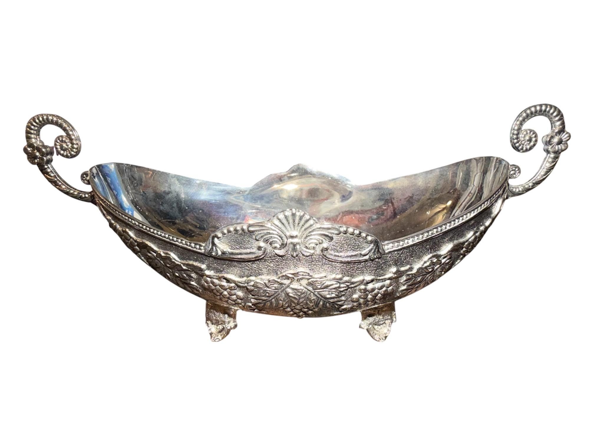 Victorian Silverplate Repousse Footed Bowl, Floral Scroll Handles, Antique Serving Dish