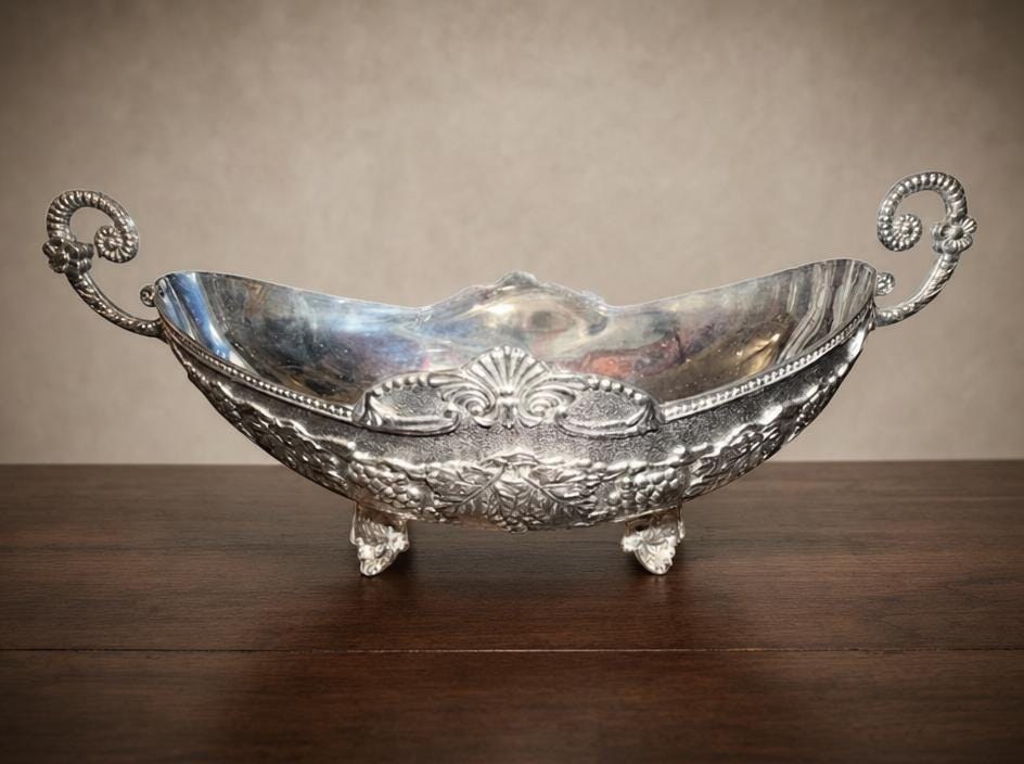 Victorian Silverplate Repousse Footed Bowl, Floral Scroll Handles, Antique Serving Dish, view 2