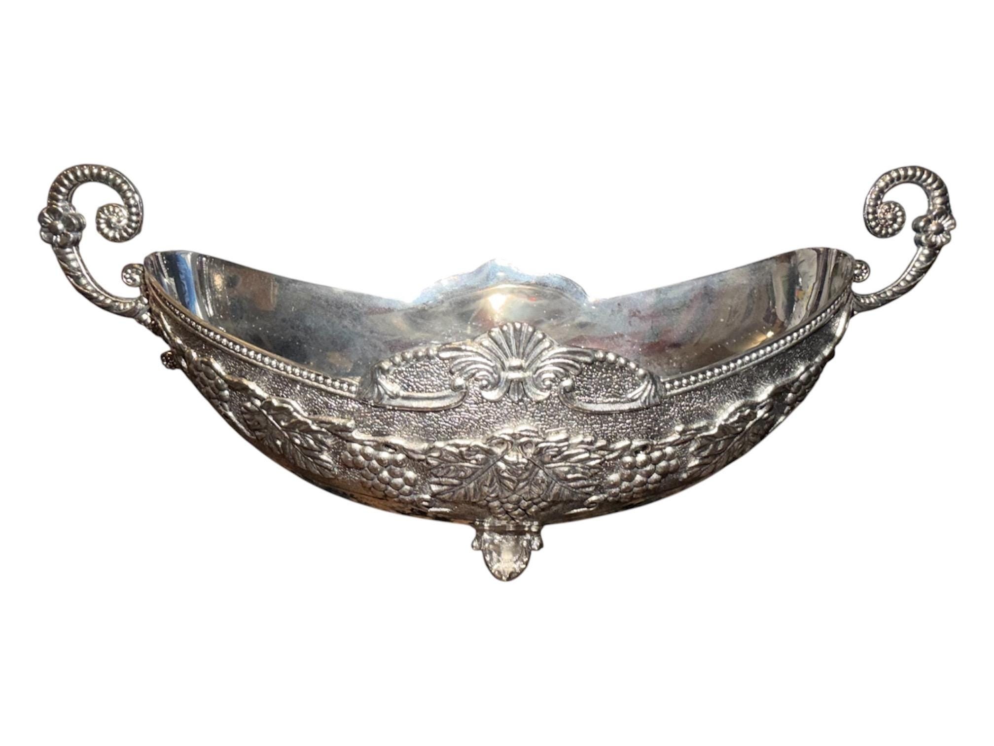 Victorian Silverplate Repousse Footed Bowl, Floral Scroll Handles, Antique Serving Dish, view 3