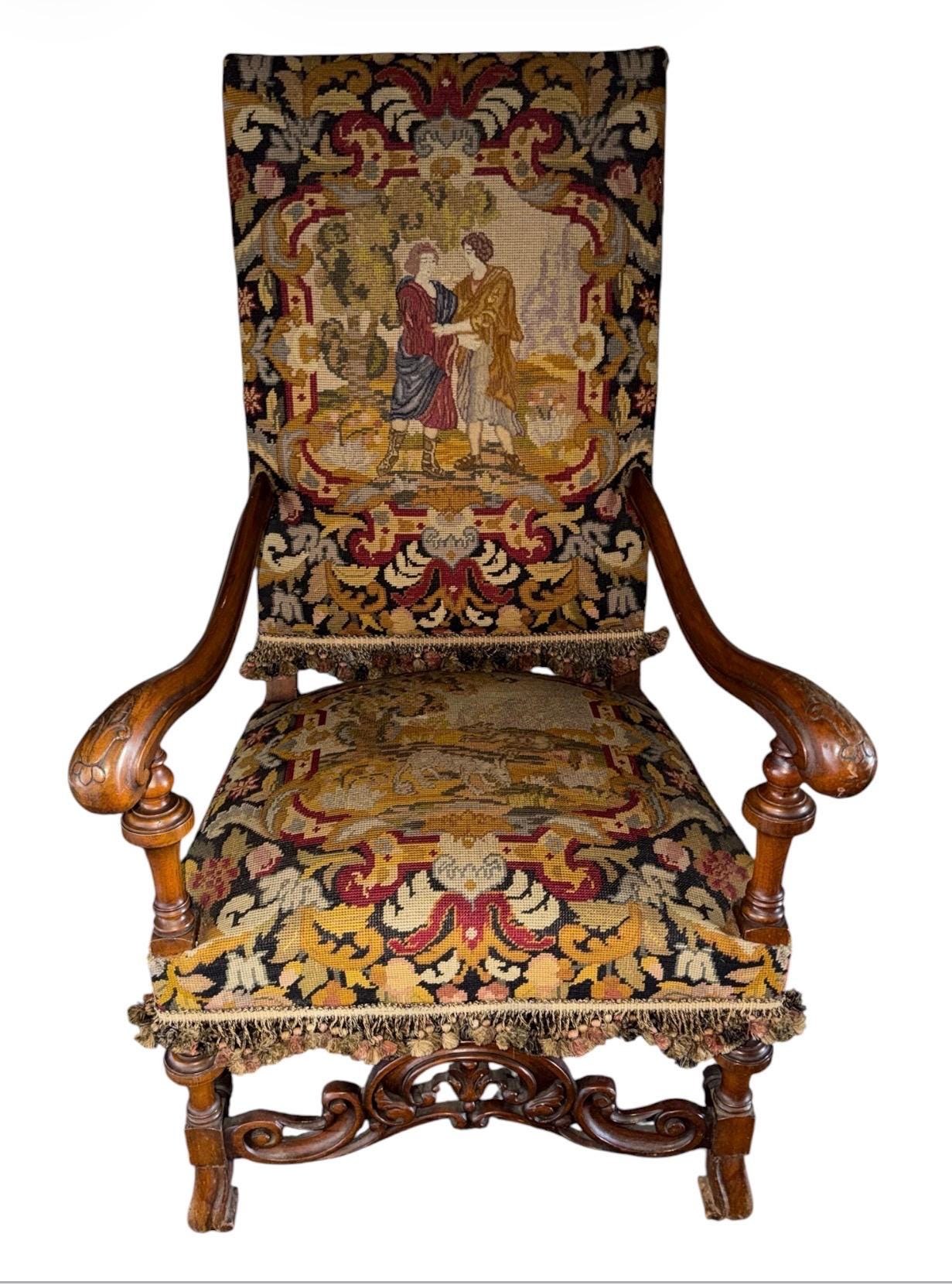 Carved Walnut Throne Chair, Portuguese Louis XV Style, Needlepoint Tapestry Upholstery