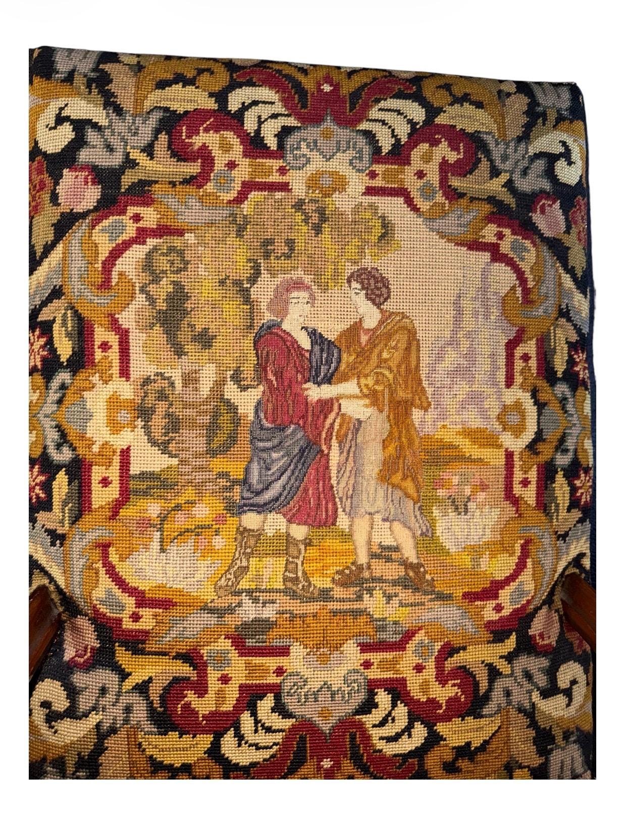 Carved Walnut Throne Chair, Portuguese Louis XV Style, Needlepoint Tapestry Upholstery, view 2