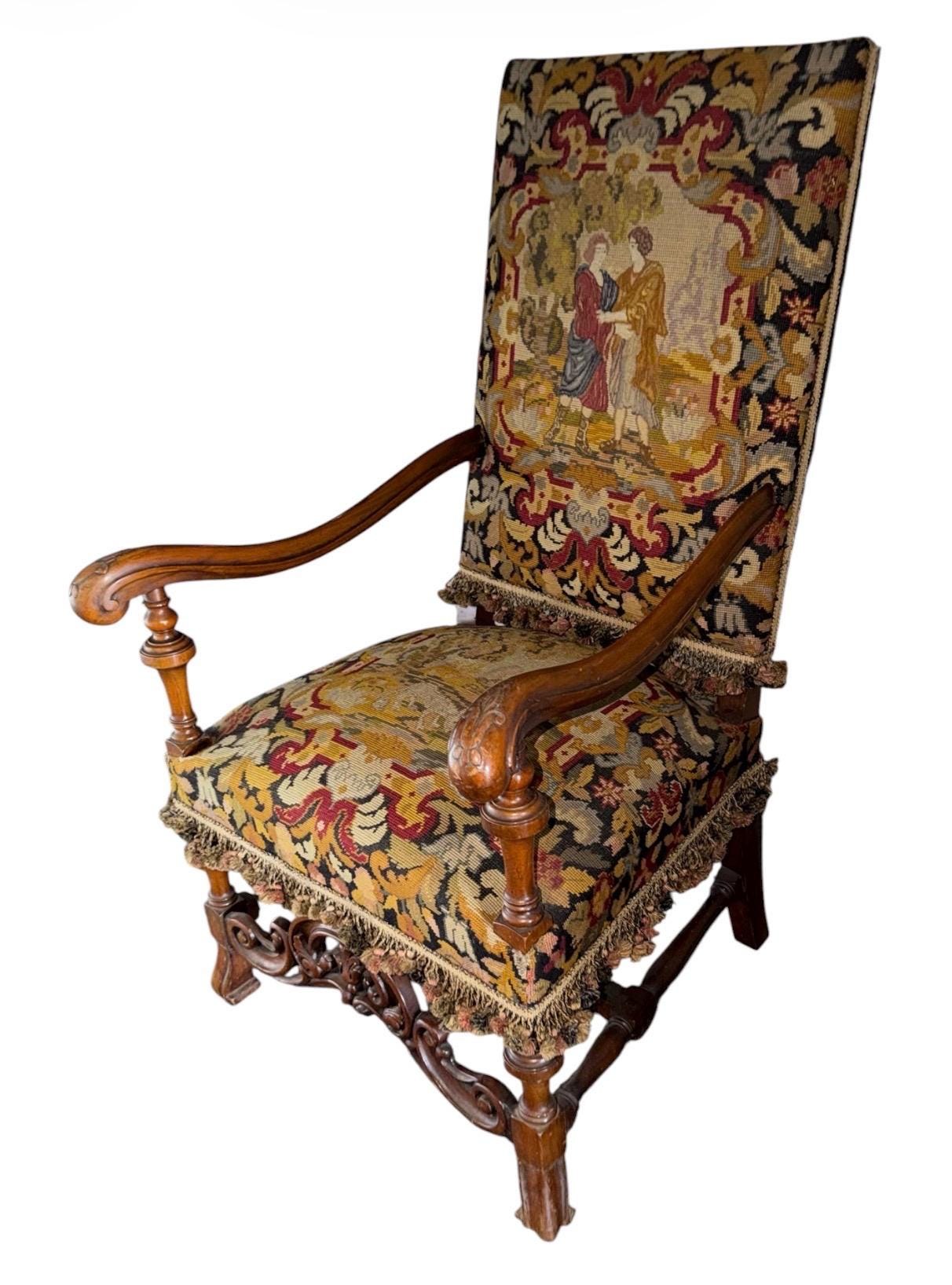 Carved Walnut Throne Chair, Portuguese Louis XV Style, Needlepoint Tapestry Upholstery, view 3
