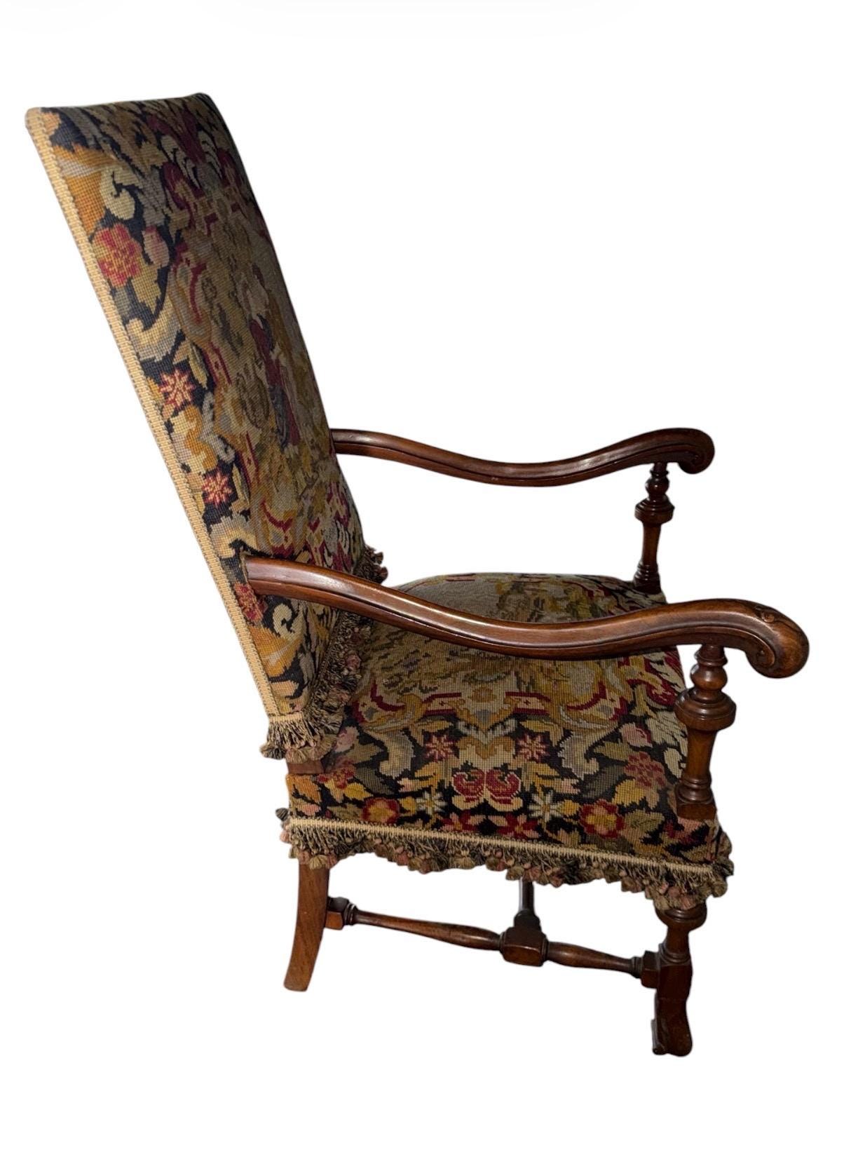 Carved Walnut Throne Chair, Portuguese Louis XV Style, Needlepoint Tapestry Upholstery, view 4