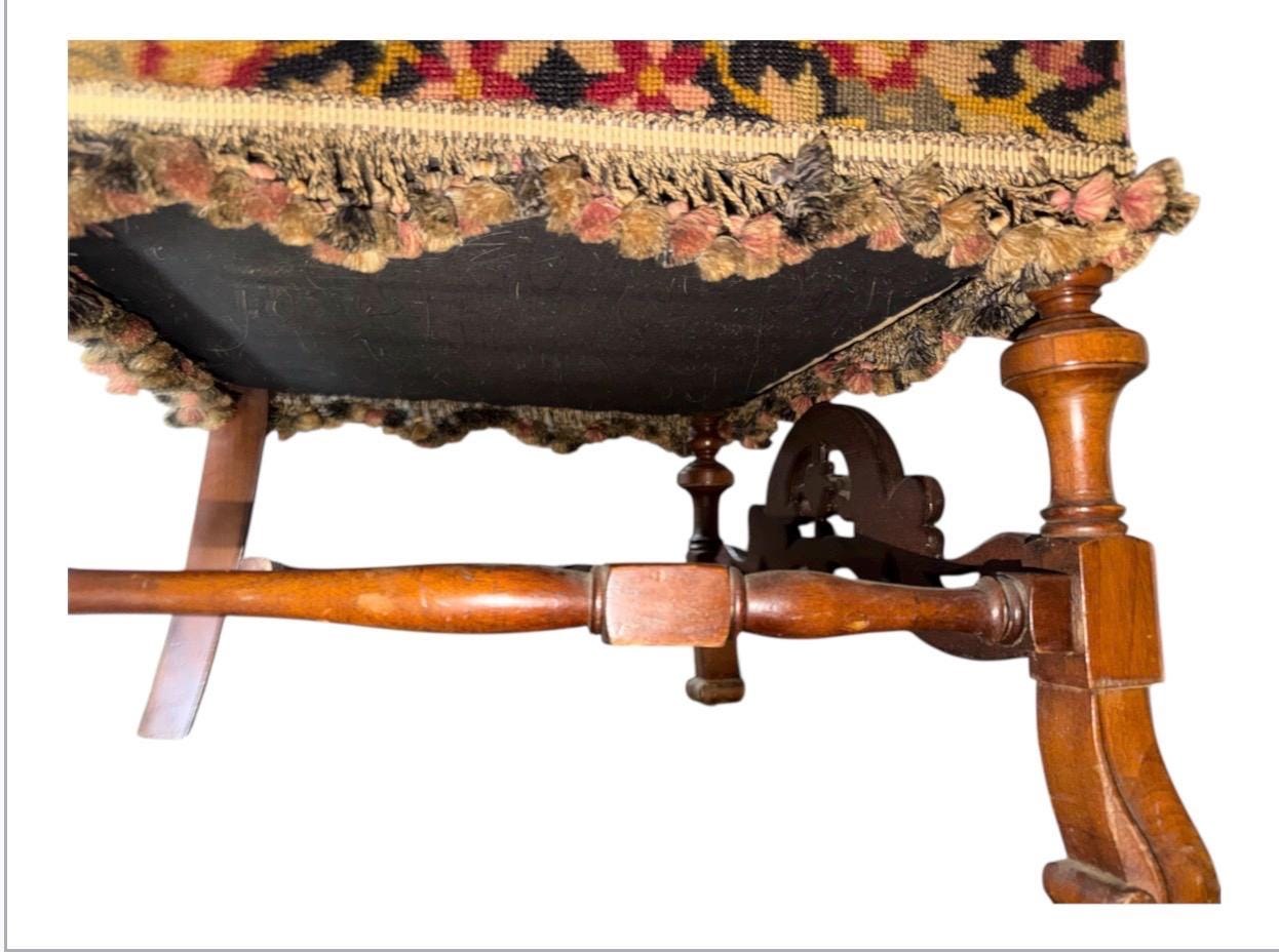 Carved Walnut Throne Chair, Portuguese Louis XV Style, Needlepoint Tapestry Upholstery, view 6