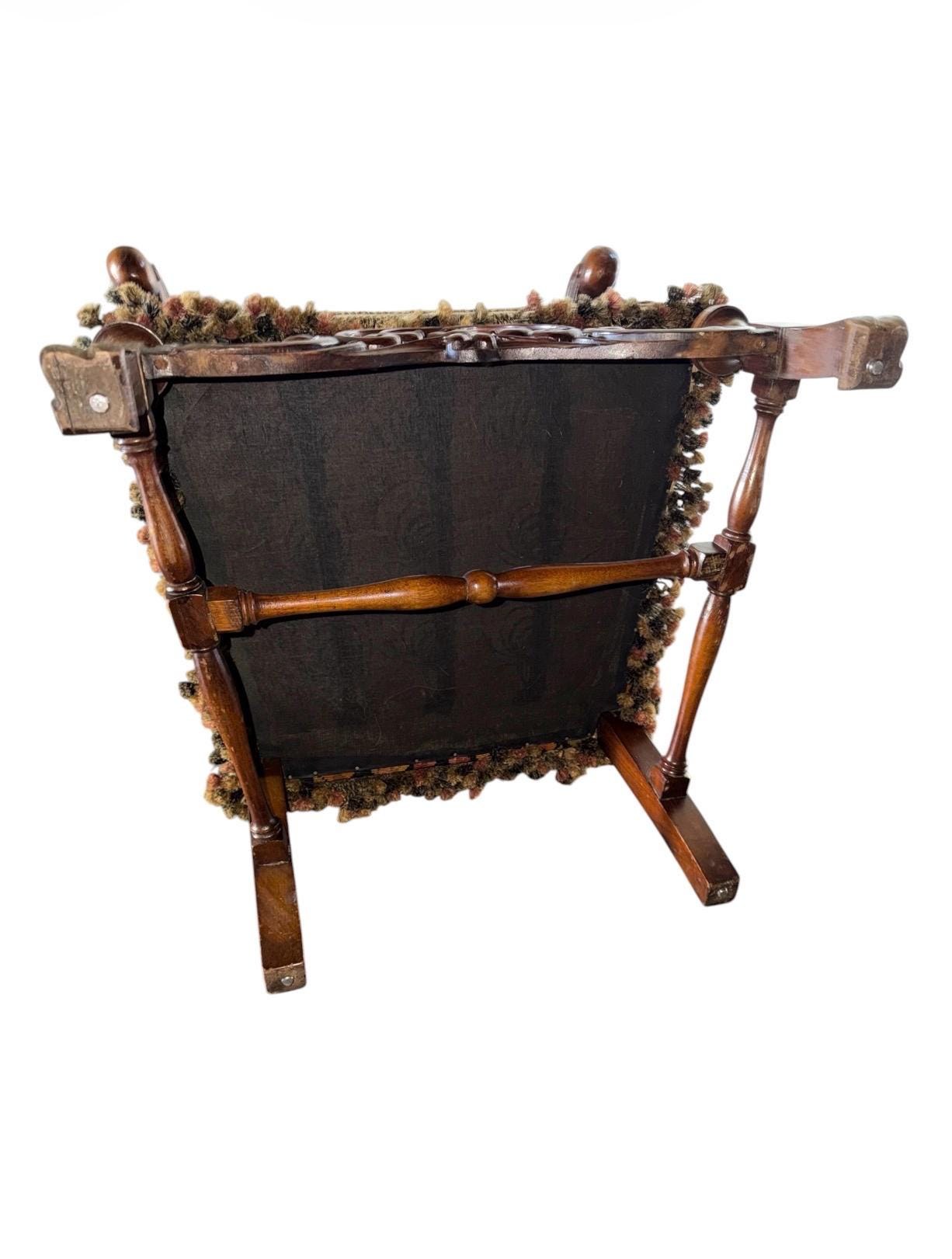 Carved Walnut Throne Chair, Portuguese Louis XV Style, Needlepoint Tapestry Upholstery, view 7
