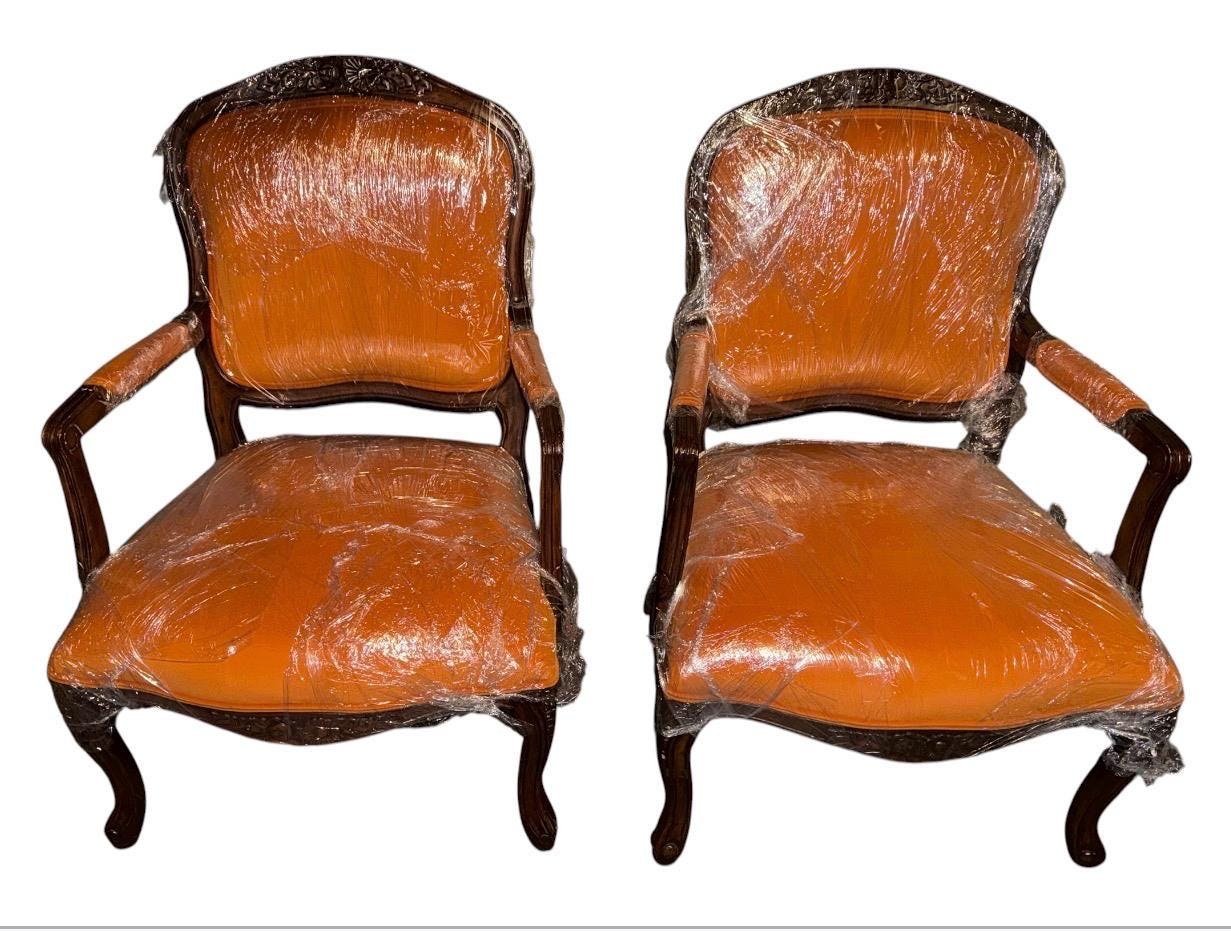 Louis XV Style Carved Wood Armchairs, French Tapestry Upholstery, Salon Seating Pair, view 5