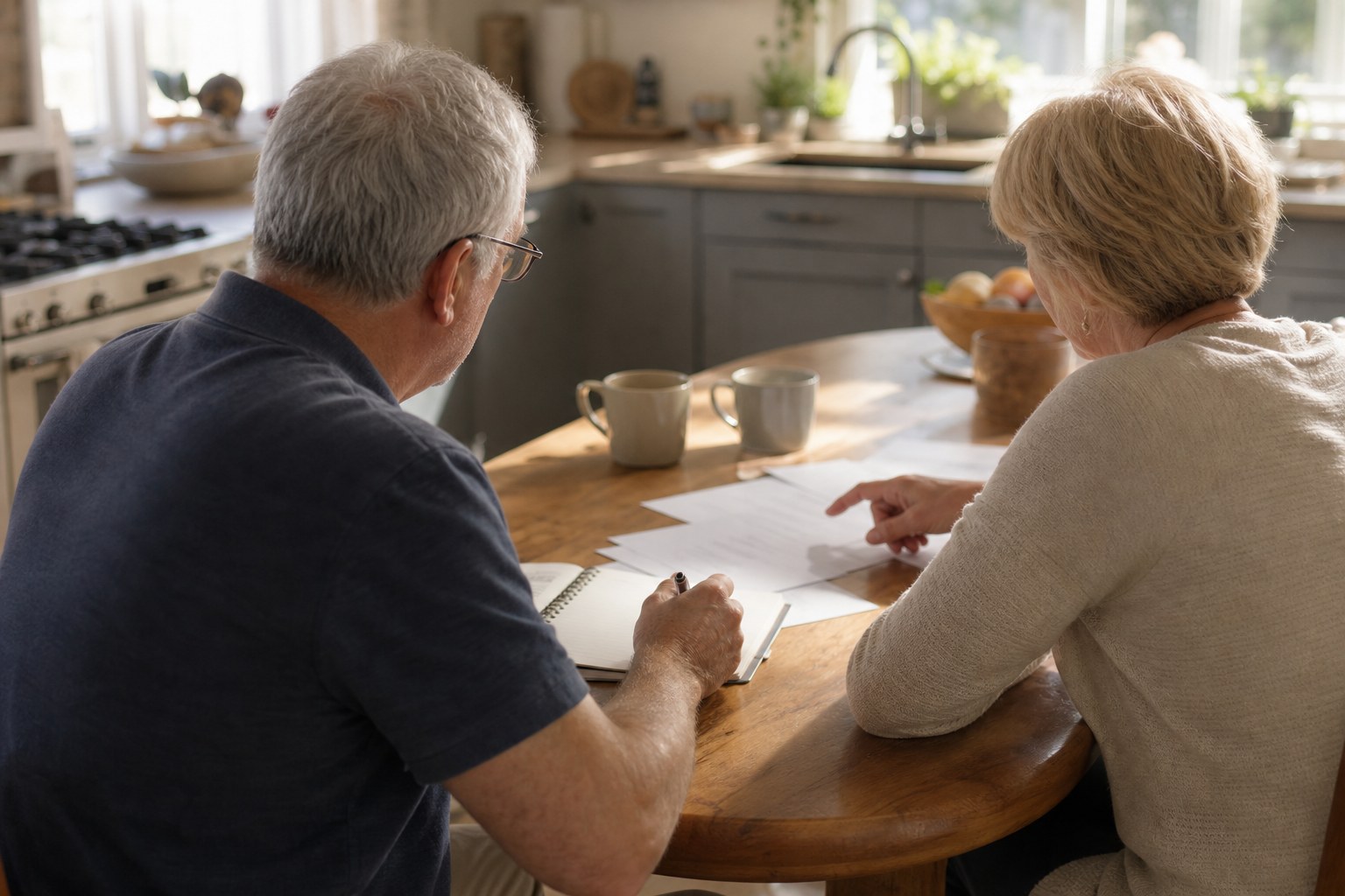 Couple reviewing retirement planning papers at their kitchen table