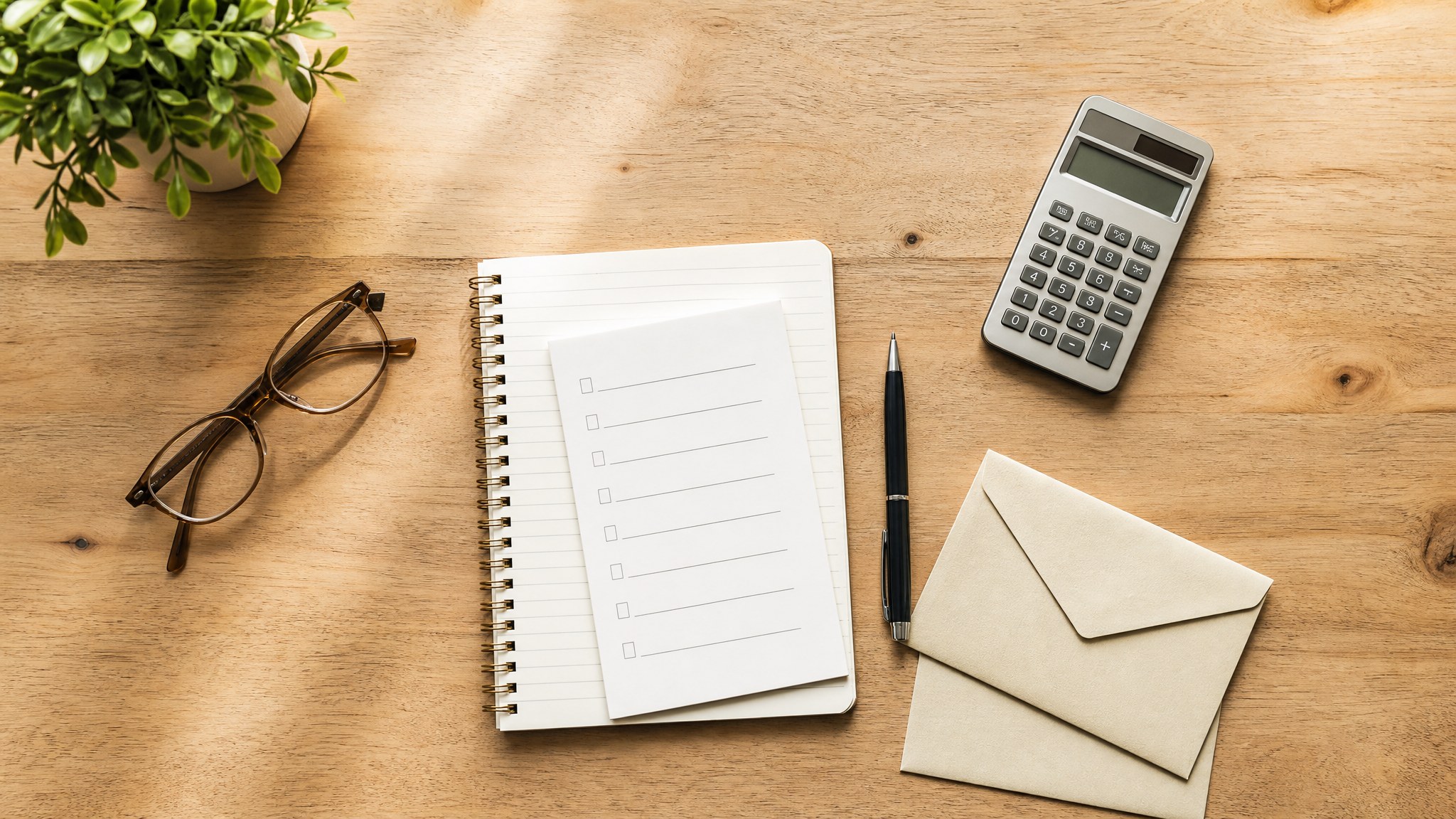 Retirement checklist, notebook, calculator, and envelopes on a wood desk
