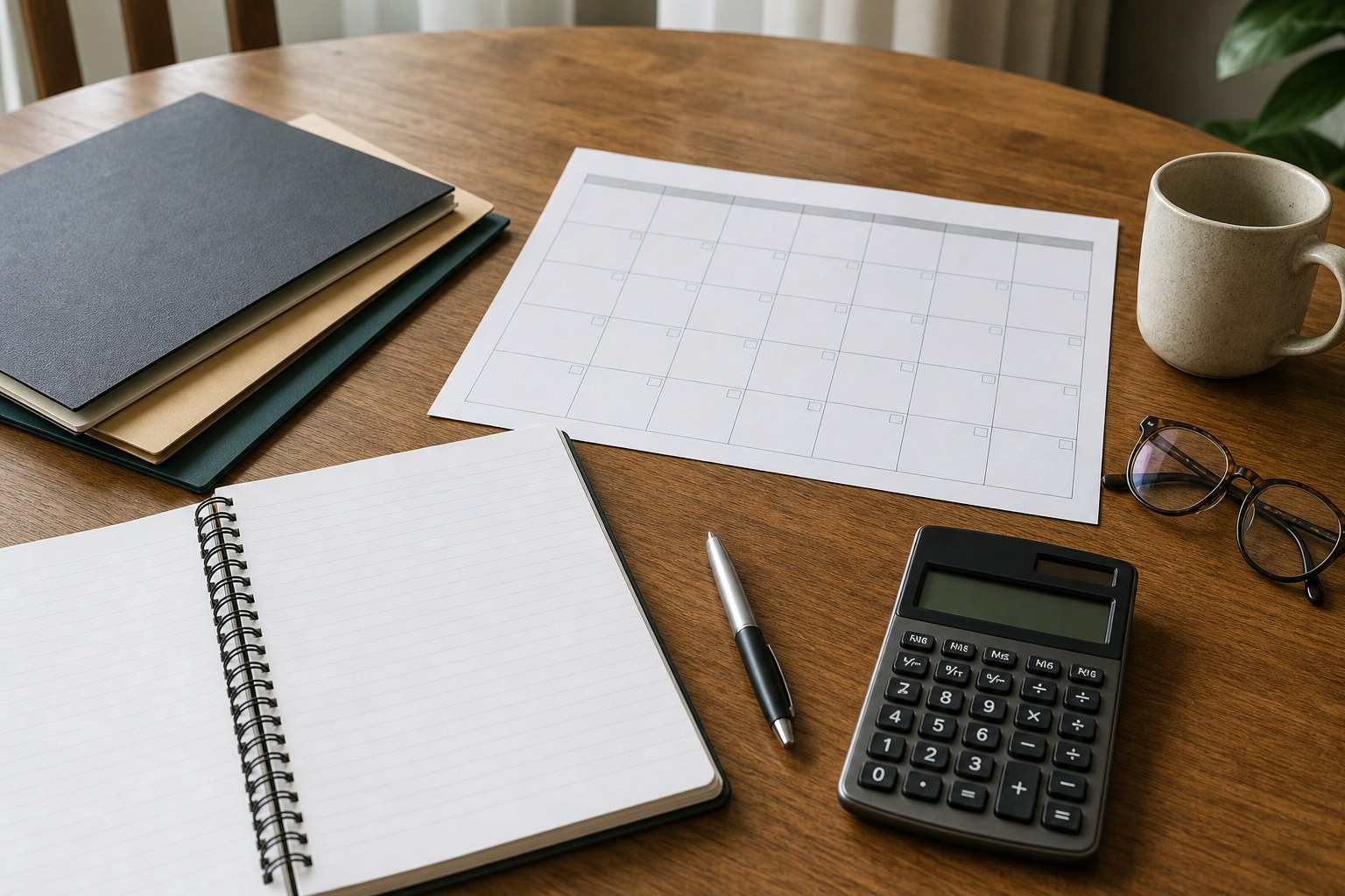 Calendar, notebooks, and calculator prepared for a retirement income review