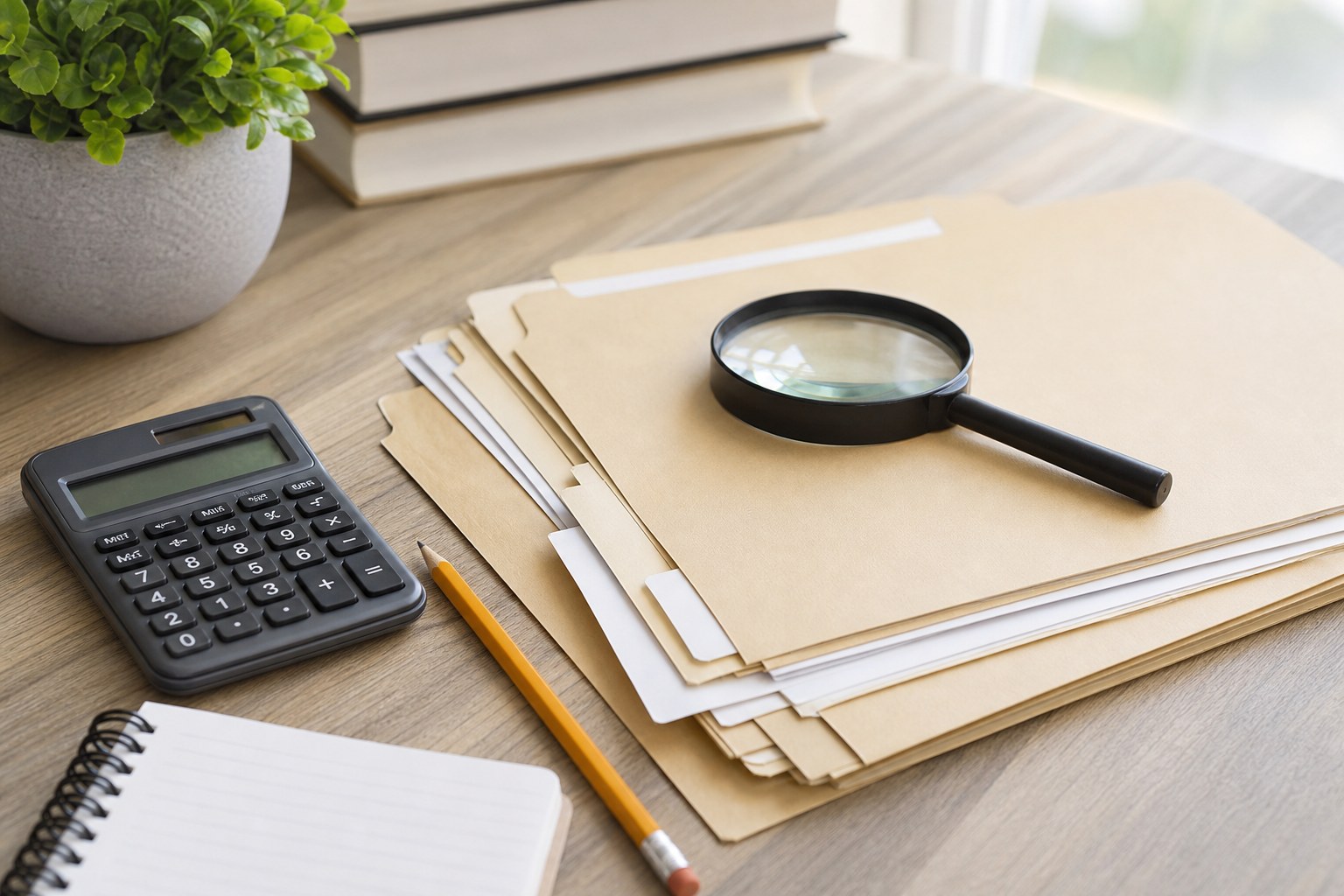 Folders, calculator, and magnifying glass arranged for a retirement account review