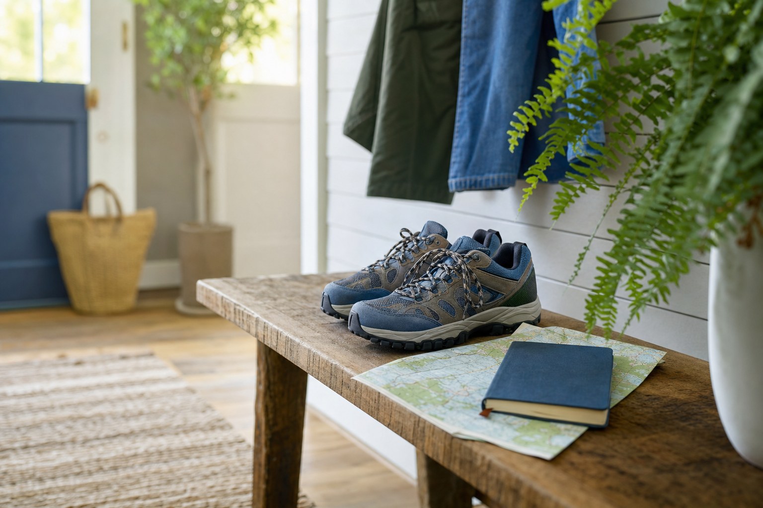 Walking shoes, map, and notebook representing retirement goals