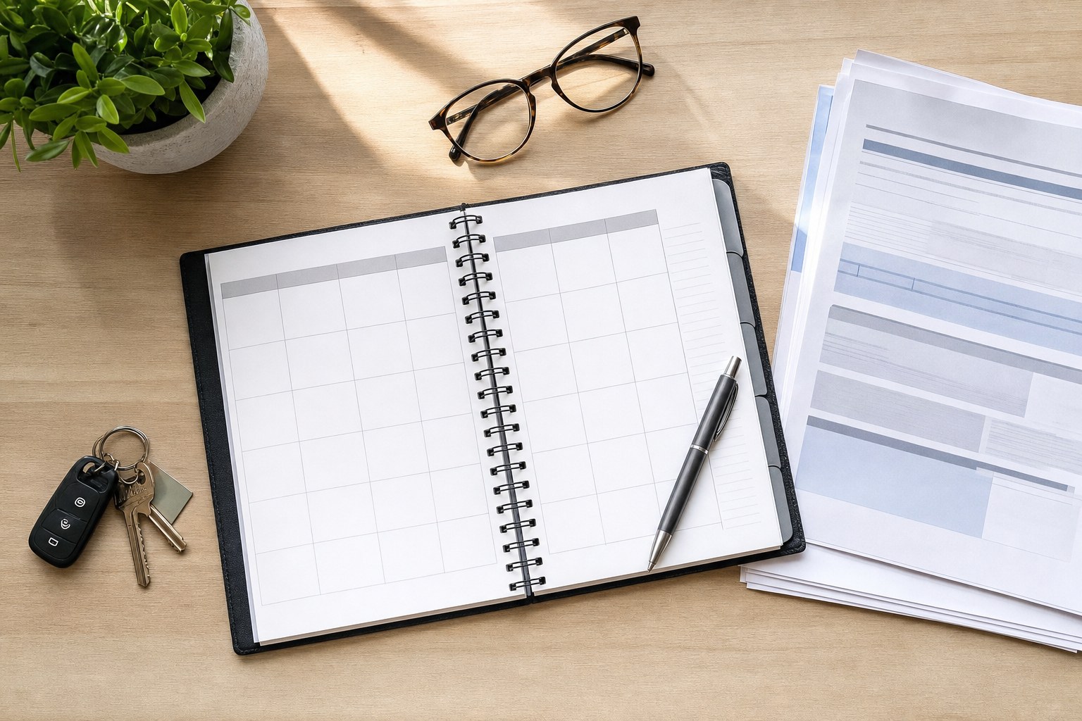 Open annual planner, records, glasses, keys, and pen prepared for a retirement review