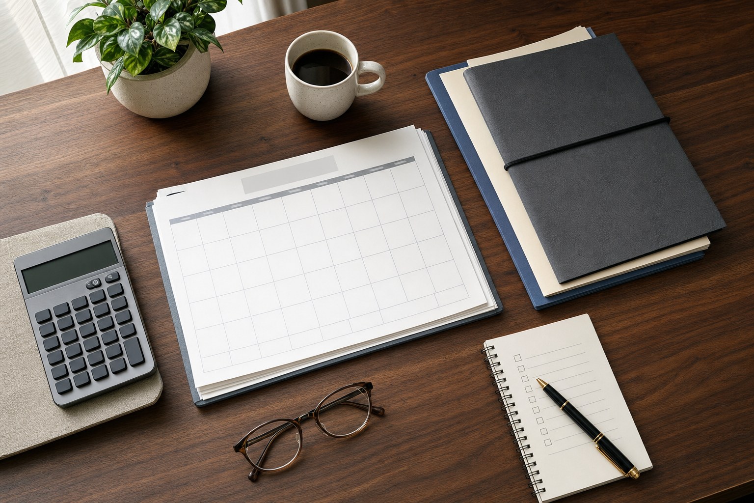 Calendar, checklist, folders, calculator, and glasses prepared for retirement planning