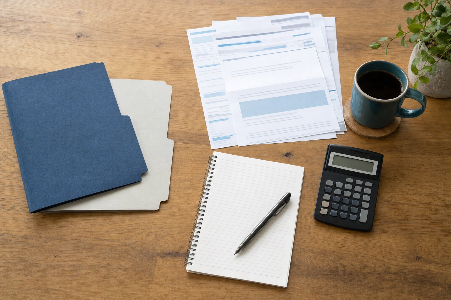 Folders, household records, notepad, calculator, and coffee arranged for a planning review