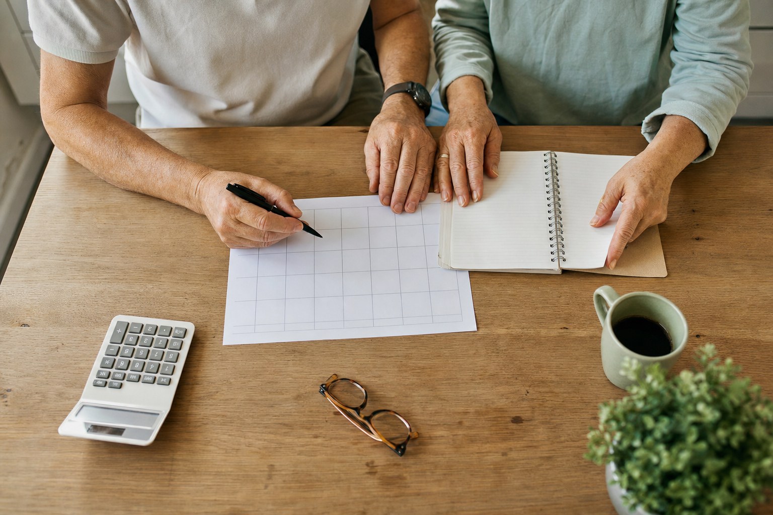 Couple reviewing a calendar and notes together at a kitchen table
