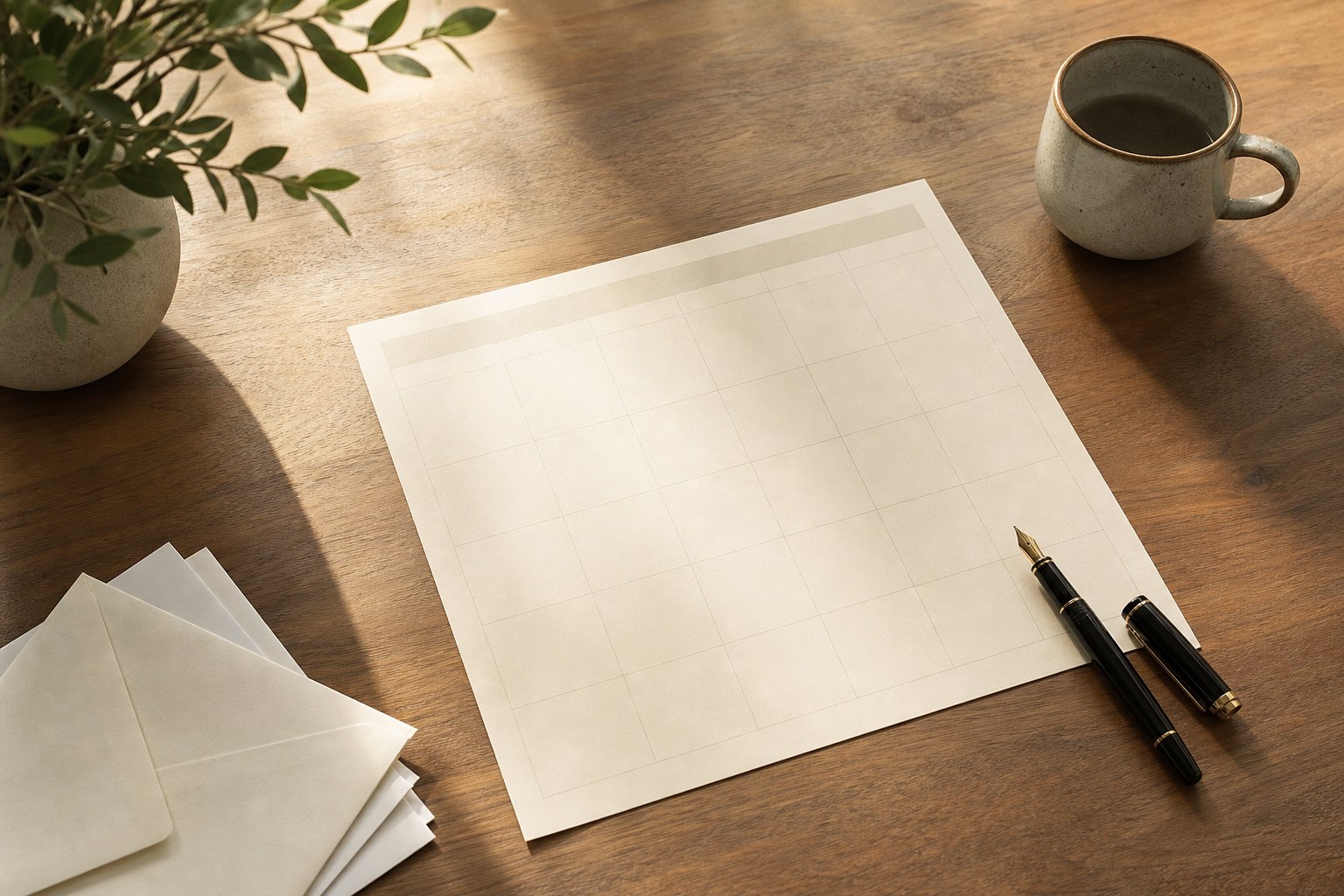 Blank calendar, envelopes, and pen prepared for year-end planning