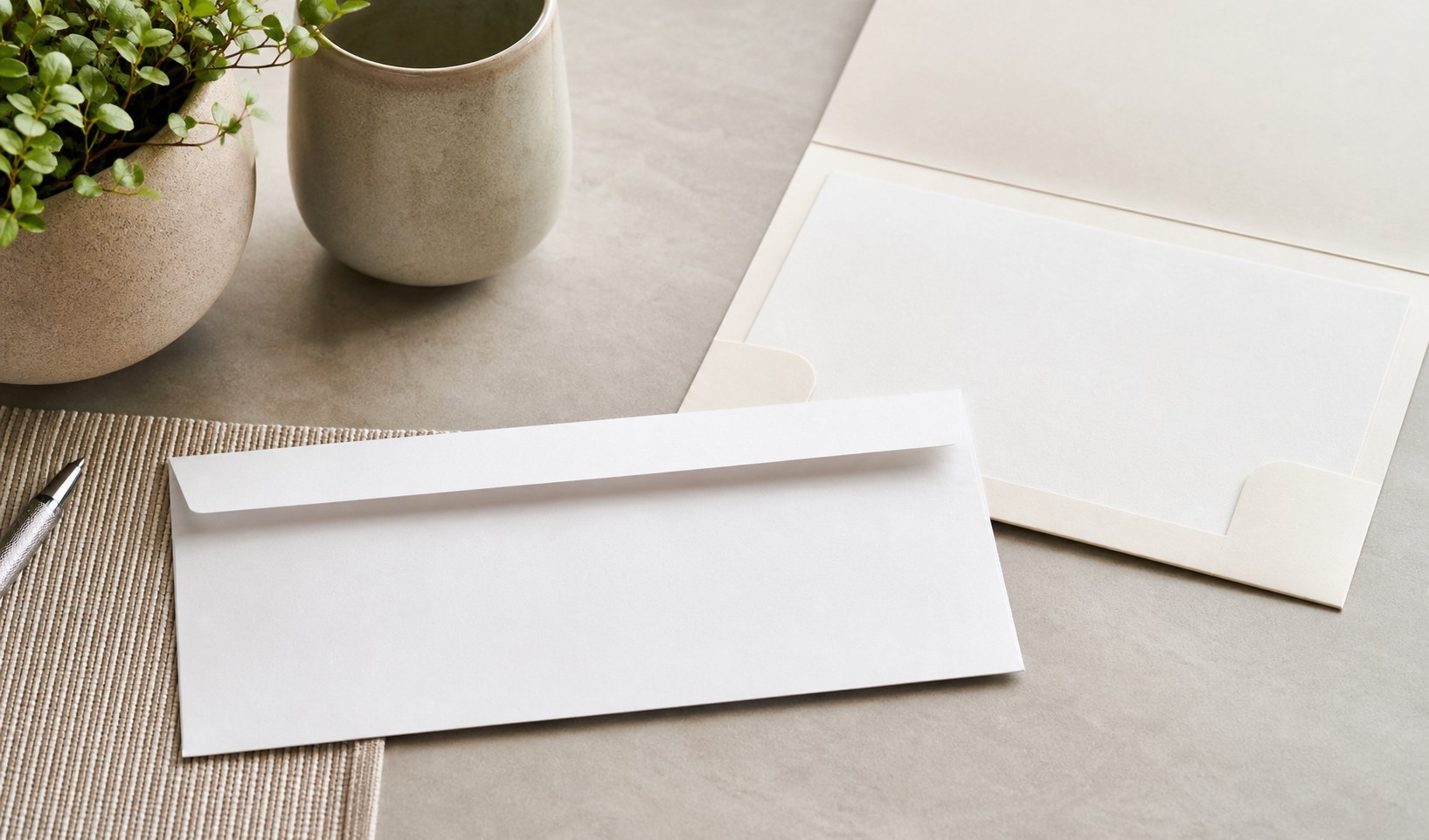 Blank envelopes and donation materials arranged on a desk