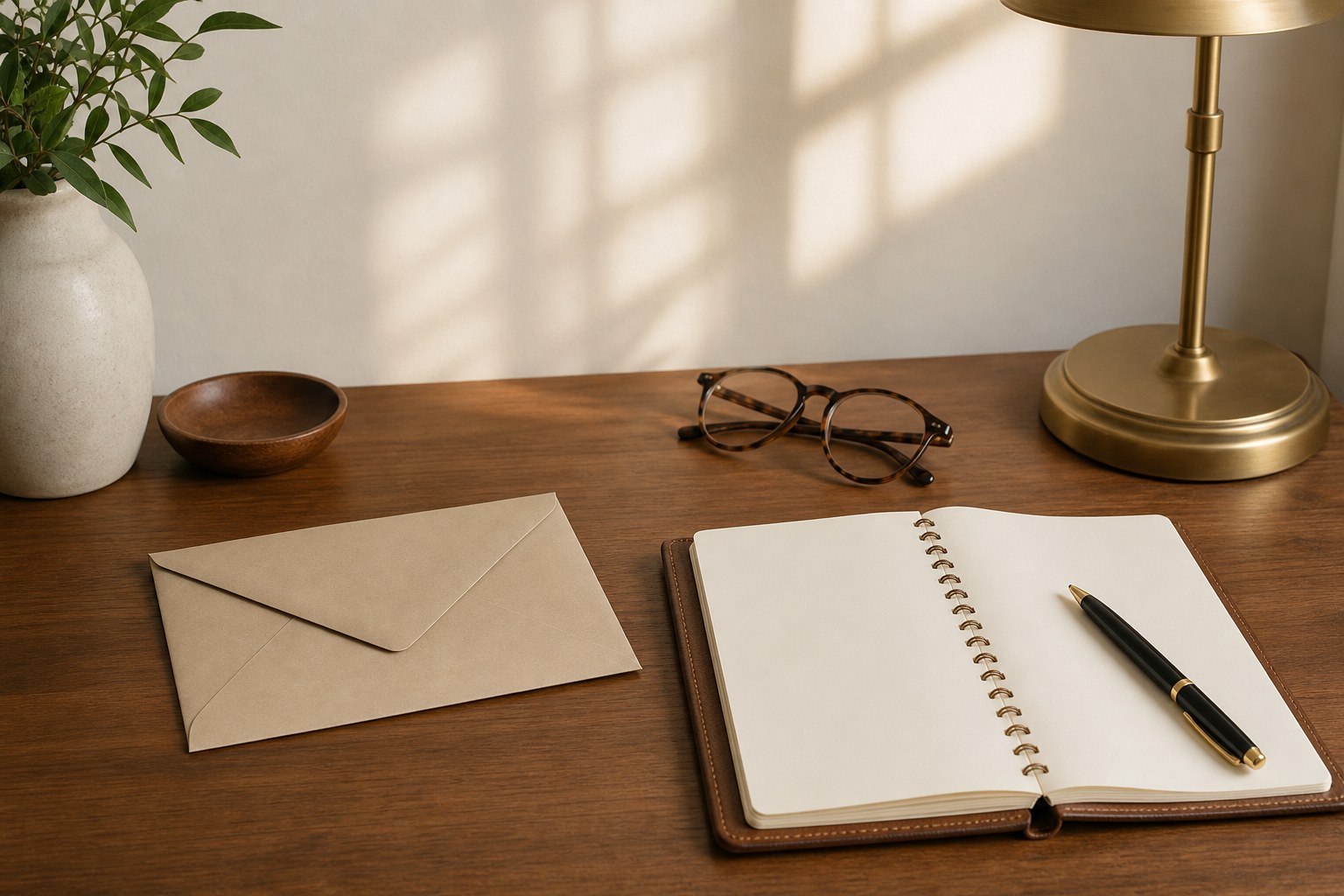 Notebook, envelope, glasses, and lamp arranged for charitable retirement planning